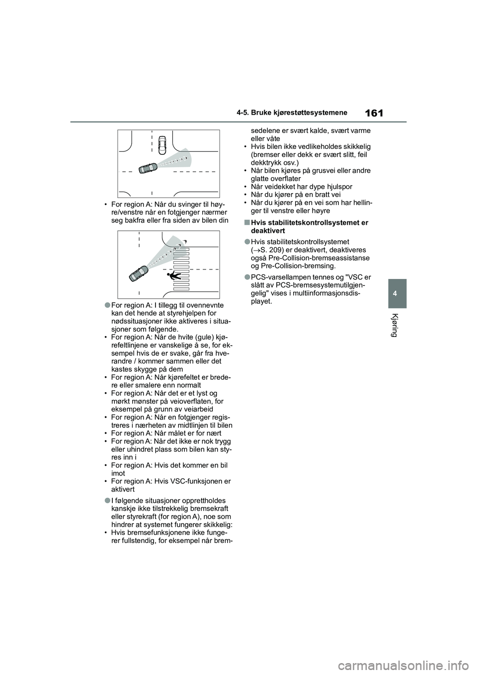 TOYOTA GR YARIS 2020 Instruksjoner for bruk (in Norwegian) 161
4
YARIS(GR) Owners Manual_Europe_M52L09_no
4-5. Bruke kjørestøttesystemene
Kjøring
• For region A: Når du svinger til høy-re/venstre når en fotgjenger nærmer
seg bakfra eller fra siden TOYOTA GR YARIS 2020 Instruksjoner for bruk (in Norwegian) 161
4
YARIS(GR) Owners Manual_Europe_M52L09_no
4-5. Bruke kjørestøttesystemene
Kjøring
• For region A: Når du svinger til høy-re/venstre når en fotgjenger nærmer
seg bakfra eller fra siden