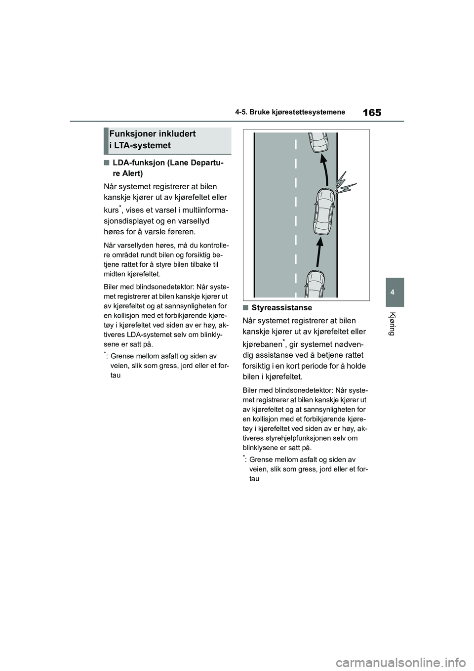 TOYOTA GR YARIS 2020 Instruksjoner for bruk (in Norwegian) 165
4
YARIS(GR) Owners Manual_Europe_M52L09_no
4-5. Bruke kjørestøttesystemene
Kjøring
nLDA-funksjon (Lane Departu-
re Alert)
Når systemet registrerer at bilen
kanskje kjører ut av kjørefeltet TOYOTA GR YARIS 2020 Instruksjoner for bruk (in Norwegian) 165
4
YARIS(GR) Owners Manual_Europe_M52L09_no
4-5. Bruke kjørestøttesystemene
Kjøring
nLDA-funksjon (Lane Departu-
re Alert)
Når systemet registrerer at bilen
kanskje kjører ut av kjørefeltet