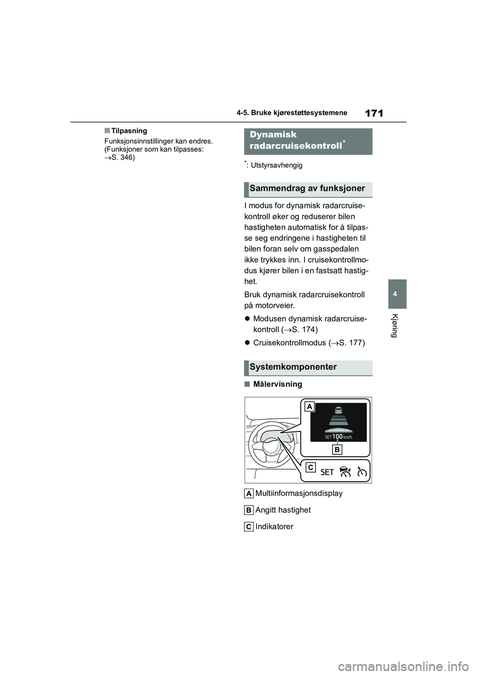 TOYOTA GR YARIS 2020  Instruksjoner for bruk (in Norwegian) 171
4
YARIS(GR) Owners Manual_Europe_M52L09_no
4-5. Bruke kjørestøttesystemene
Kjøring
nTilpasning
Funksjonsinnstillinger kan endres. 
(Funksjoner som  kan tilpasses: 
S. 346)
*: Utstyrsavhengi