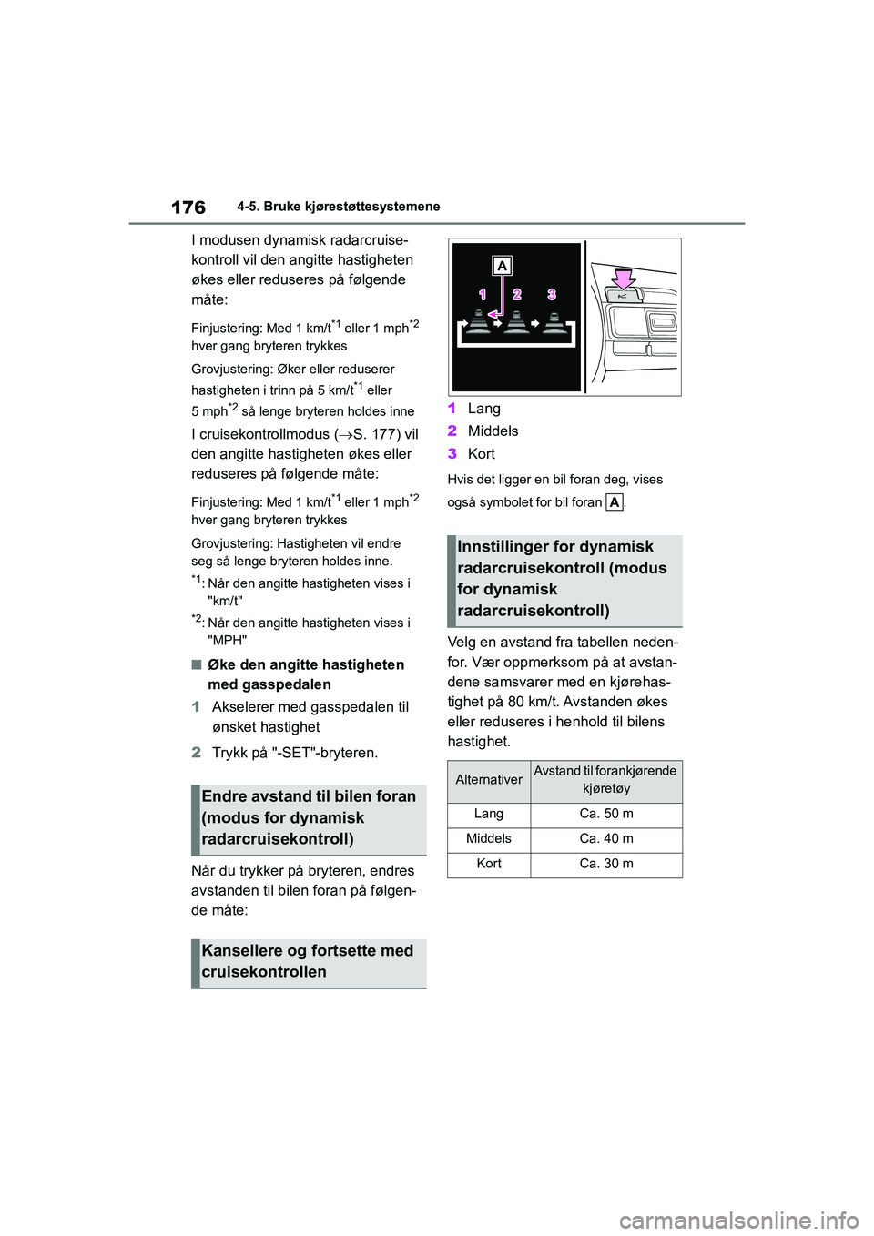 TOYOTA GR YARIS 2020  Instruksjoner for bruk (in Norwegian) 176
YARIS(GR) Owners Manual_Europe_M52L09_no
4-5. Bruke kjørestøttesystemene
I modusen dynamisk radarcruise-
kontroll vil den angitte hastigheten 
økes eller reduseres på følgende 
måte:
Finjus