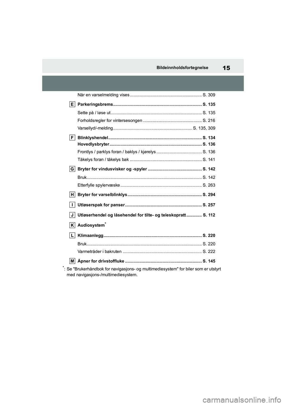 TOYOTA GR YARIS 2020 Instruksjoner for bruk (in Norwegian) 15
YARIS(GR) Owners Manual_Europe_M52L09_no
Bildeinnholdsfortegnelse
Når en varselmelding vises ............................................................ S. 309
Parkeringsbrems................... TOYOTA GR YARIS 2020 Instruksjoner for bruk (in Norwegian) 15
YARIS(GR) Owners Manual_Europe_M52L09_no
Bildeinnholdsfortegnelse
Når en varselmelding vises ............................................................ S. 309
Parkeringsbrems...................