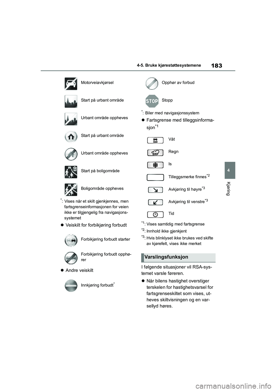 TOYOTA GR YARIS 2020  Instruksjoner for bruk (in Norwegian) 183
4
YARIS(GR) Owners Manual_Europe_M52L09_no
4-5. Bruke kjørestøttesystemene
Kjøring
*: Vises når et skilt gjenkjennes, men fartsgrenseinformasjonen for veien 
ikke er tilgjengelig fra navigasj