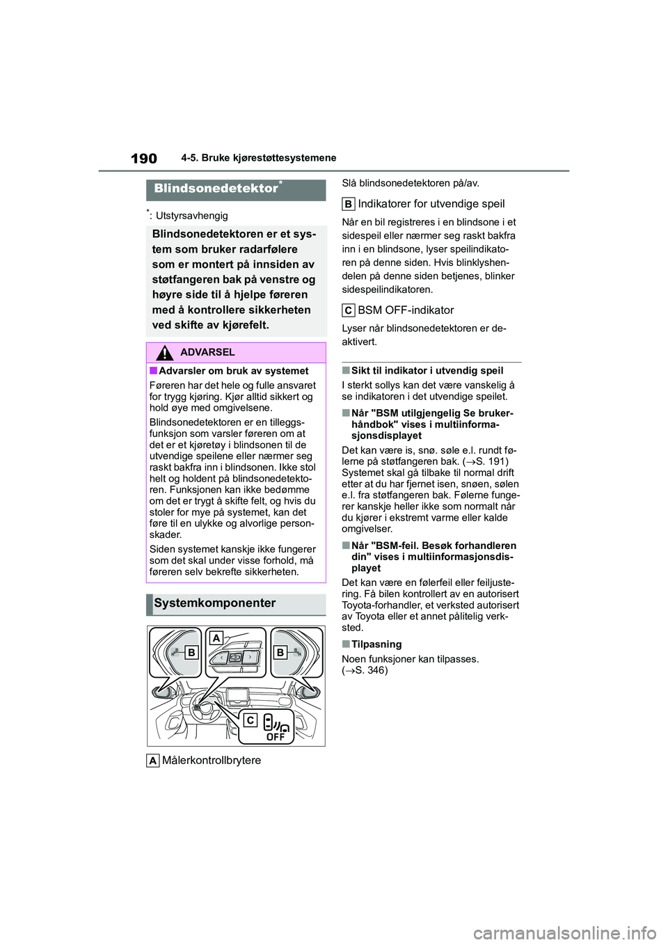 TOYOTA GR YARIS 2020  Instruksjoner for bruk (in Norwegian) 190
YARIS(GR) Owners Manual_Europe_M52L09_no
4-5. Bruke kjørestøttesystemene
*: Utstyrsavhengig
Målerkontrollbrytere
Slå blindsonedetektoren på/av.
Indikatorer for utvendige speil
Når en bil re
