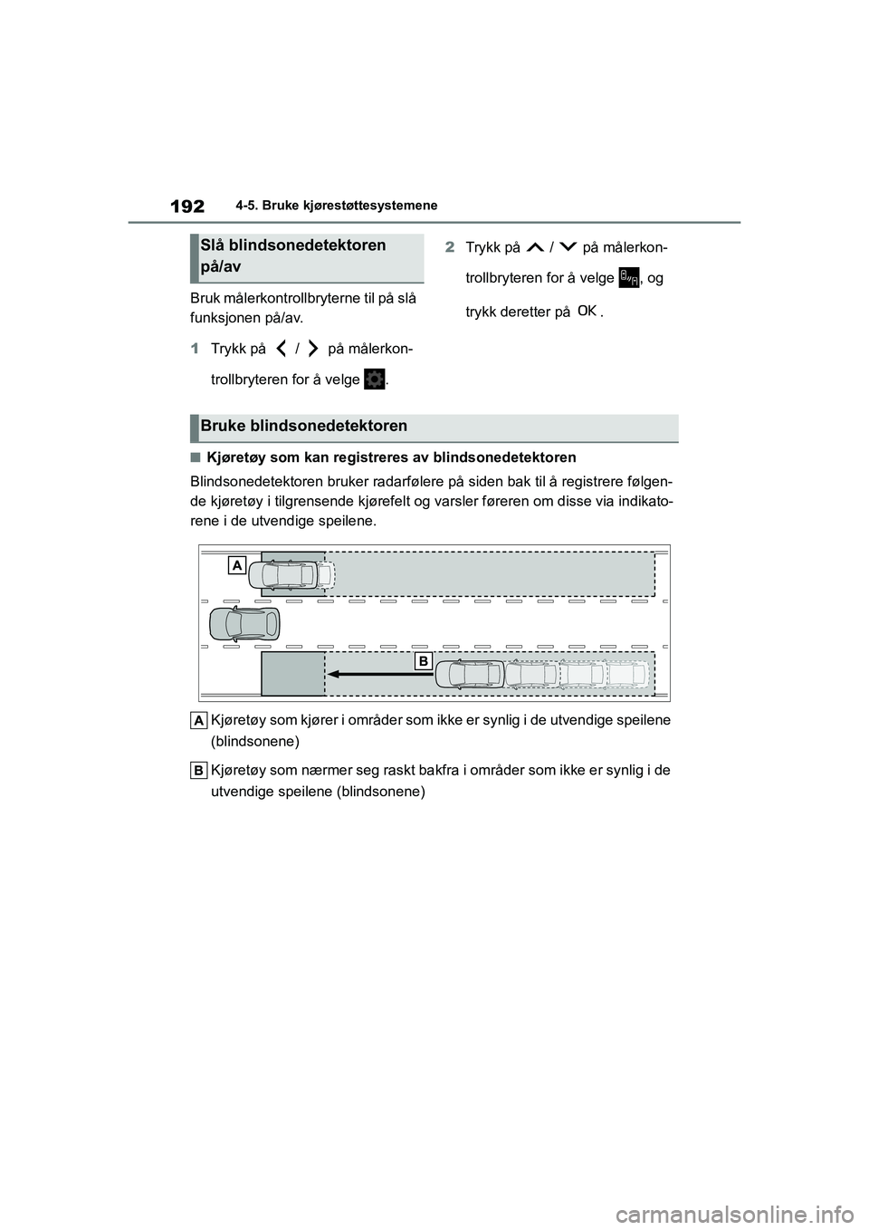 TOYOTA GR YARIS 2020  Instruksjoner for bruk (in Norwegian) 192
YARIS(GR) Owners Manual_Europe_M52L09_no
4-5. Bruke kjørestøttesystemene
Bruk målerkontrollbryterne til på slå 
funksjonen på/av.
1Trykk på   /   på målerkon-
trollbryteren for å velge 