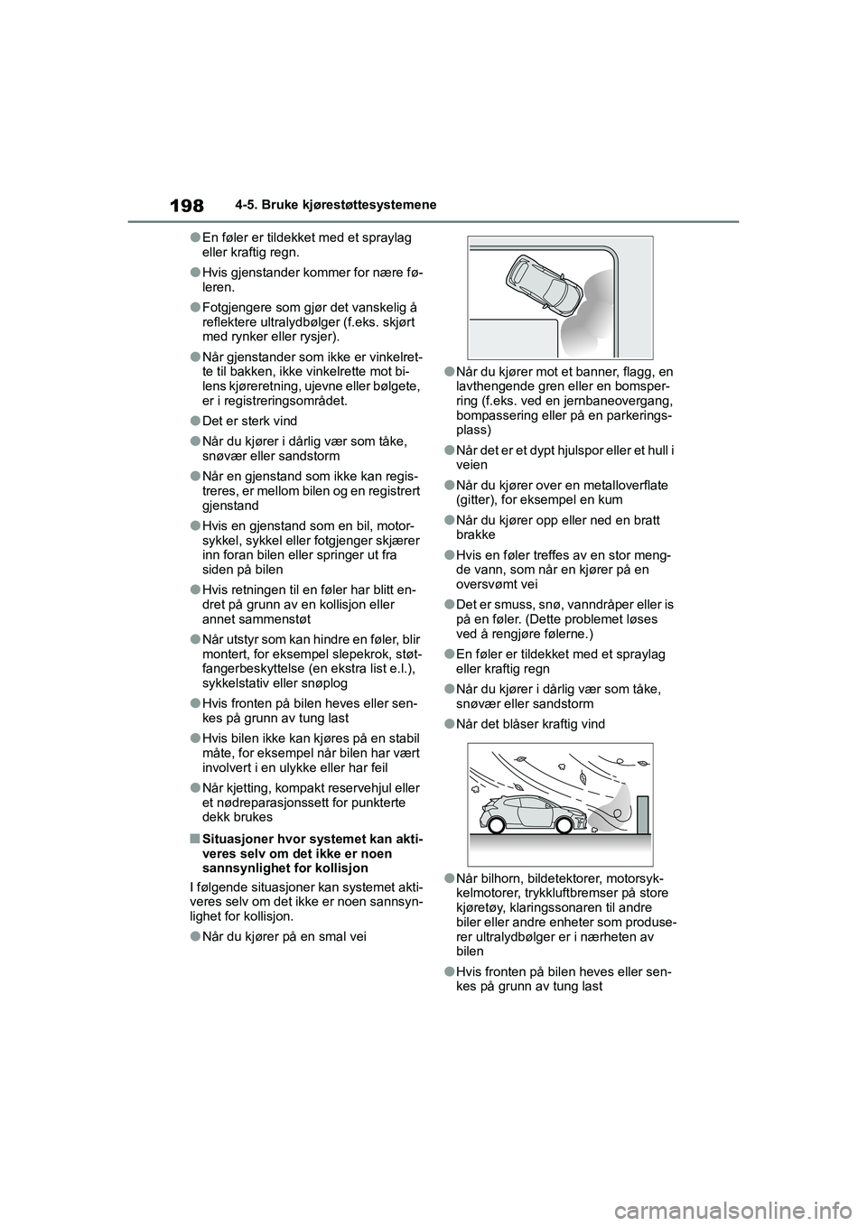TOYOTA GR YARIS 2020 Instruksjoner for bruk (in Norwegian) 198
YARIS(GR) Owners Manual_Europe_M52L09_no
4-5. Bruke kjørestøttesystemene
lEn føler er tildekket med et spraylag
eller kraftig regn.
lHvis gjenstander kommer for nære fø-
leren.
lFotgjengere TOYOTA GR YARIS 2020 Instruksjoner for bruk (in Norwegian) 198
YARIS(GR) Owners Manual_Europe_M52L09_no
4-5. Bruke kjørestøttesystemene
lEn føler er tildekket med et spraylag
eller kraftig regn.
lHvis gjenstander kommer for nære fø-
leren.
lFotgjengere
