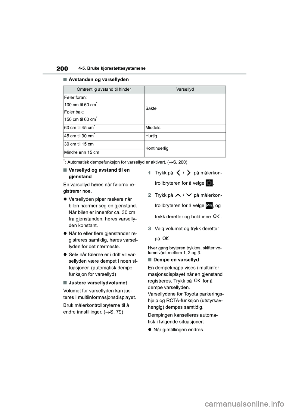 TOYOTA GR YARIS 2020 Instruksjoner for bruk (in Norwegian) 200
YARIS(GR) Owners Manual_Europe_M52L09_no
4-5. Bruke kjørestøttesystemene
nAvstanden og varsellyden
*: Automatisk dempefunksjon for varsellyd er aktivert. (S. 200)
nVarsellyd og avstand til e TOYOTA GR YARIS 2020 Instruksjoner for bruk (in Norwegian) 200
YARIS(GR) Owners Manual_Europe_M52L09_no
4-5. Bruke kjørestøttesystemene
nAvstanden og varsellyden
*: Automatisk dempefunksjon for varsellyd er aktivert. (S. 200)
nVarsellyd og avstand til e