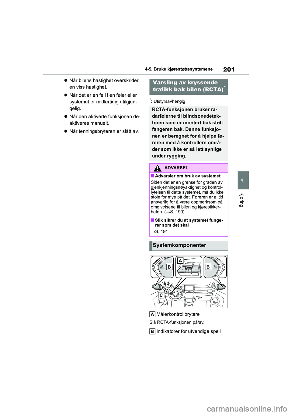 TOYOTA GR YARIS 2020 Instruksjoner for bruk (in Norwegian) 201
4
YARIS(GR) Owners Manual_Europe_M52L09_no
4-5. Bruke kjørestøttesystemene
Kjøring
Når bilens hastighet overskrider
en viss hastighet.
Når det er en feil i en føler eller
systemet TOYOTA GR YARIS 2020 Instruksjoner for bruk (in Norwegian) 201
4
YARIS(GR) Owners Manual_Europe_M52L09_no
4-5. Bruke kjørestøttesystemene
Kjøring
Når bilens hastighet overskrider
en viss hastighet.
Når det er en feil i en føler eller
systemet