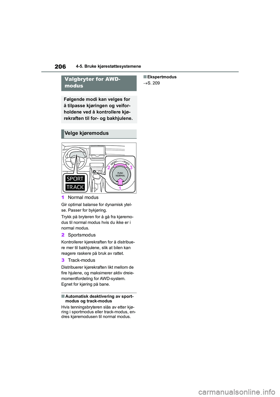 TOYOTA GR YARIS 2020 Instruksjoner for bruk (in Norwegian) 206
YARIS(GR) Owners Manual_Europe_M52L09_no
4-5. Bruke kjørestøttesystemene
1Normal modus
Gir optimal balanse for dynamisk ytel-
se. Passer for bykjøring.
Trykk på bryteren for å gå fra kjøre TOYOTA GR YARIS 2020 Instruksjoner for bruk (in Norwegian) 206
YARIS(GR) Owners Manual_Europe_M52L09_no
4-5. Bruke kjørestøttesystemene
1Normal modus
Gir optimal balanse for dynamisk ytel-
se. Passer for bykjøring.
Trykk på bryteren for å gå fra kjøre