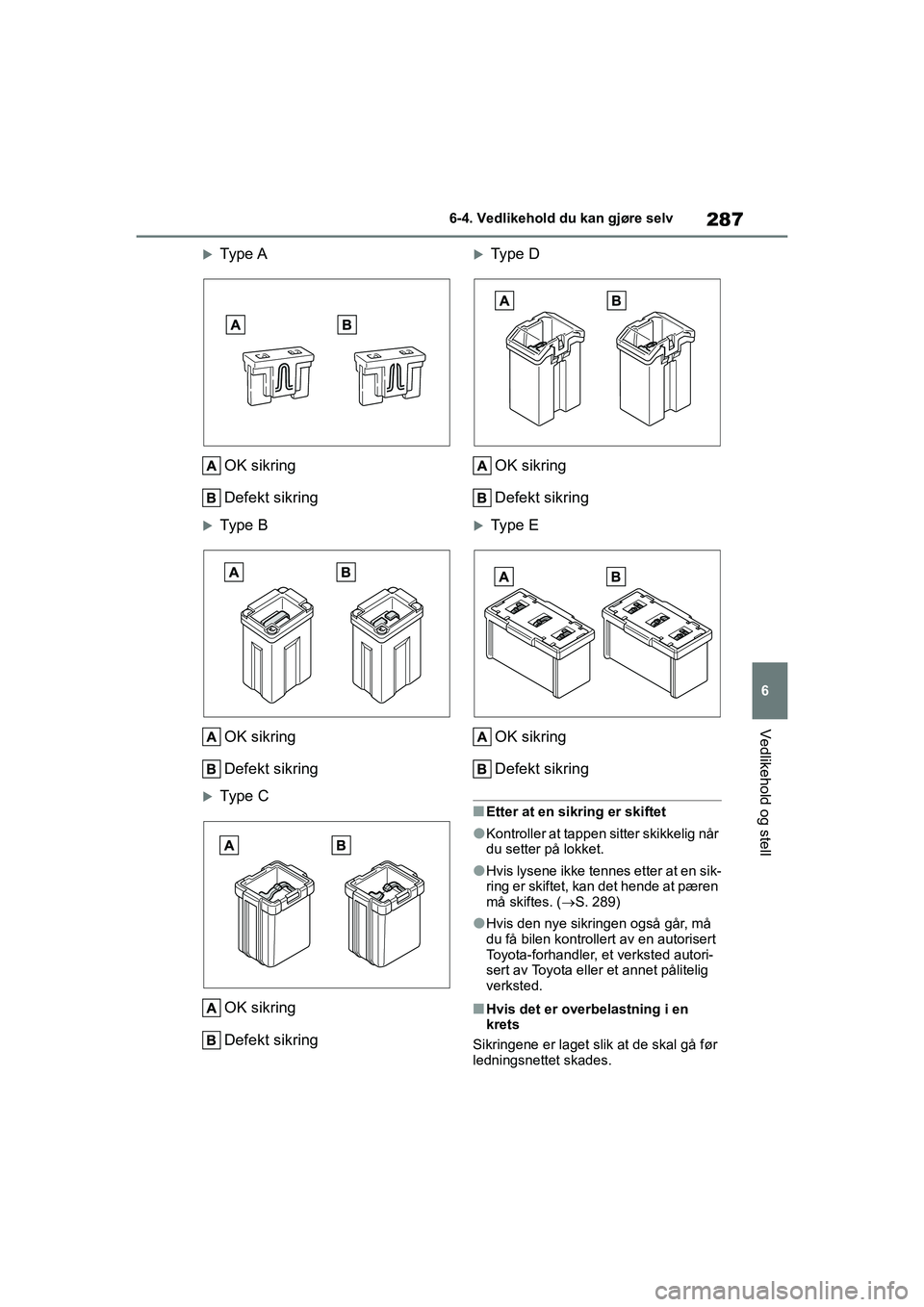 TOYOTA GR YARIS 2020  Instruksjoner for bruk (in Norwegian) 287
6
YARIS(GR) Owners Manual_Europe_M52L09_no
6-4. Vedlikehold du kan gjøre selv
Vedlikehold og stell
Type AOK sikring
Defekt sikring
Type BOK sikring
Defekt sikring
Type COK sikring
Defek