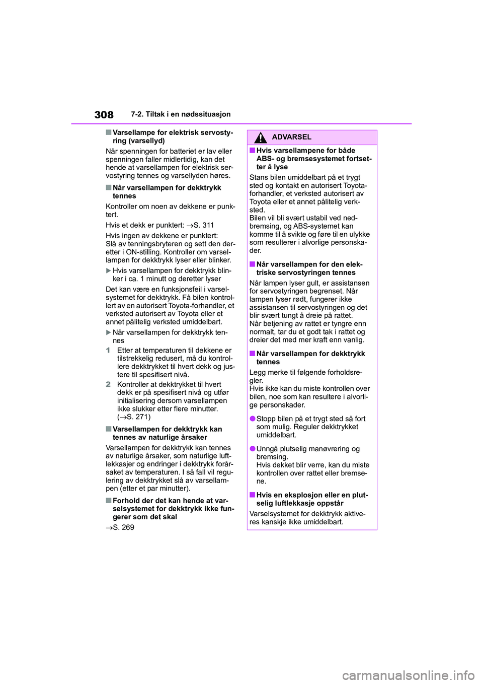 TOYOTA GR YARIS 2020  Instruksjoner for bruk (in Norwegian) 308
YARIS(GR) Owners Manual_Europe_M52L09_no
7-2. Tiltak i en nødssituasjon
nVarsellampe for elektrisk servosty-
ring (varsellyd)
Når spenningen for batteriet er lav eller 
spenningen faller midler