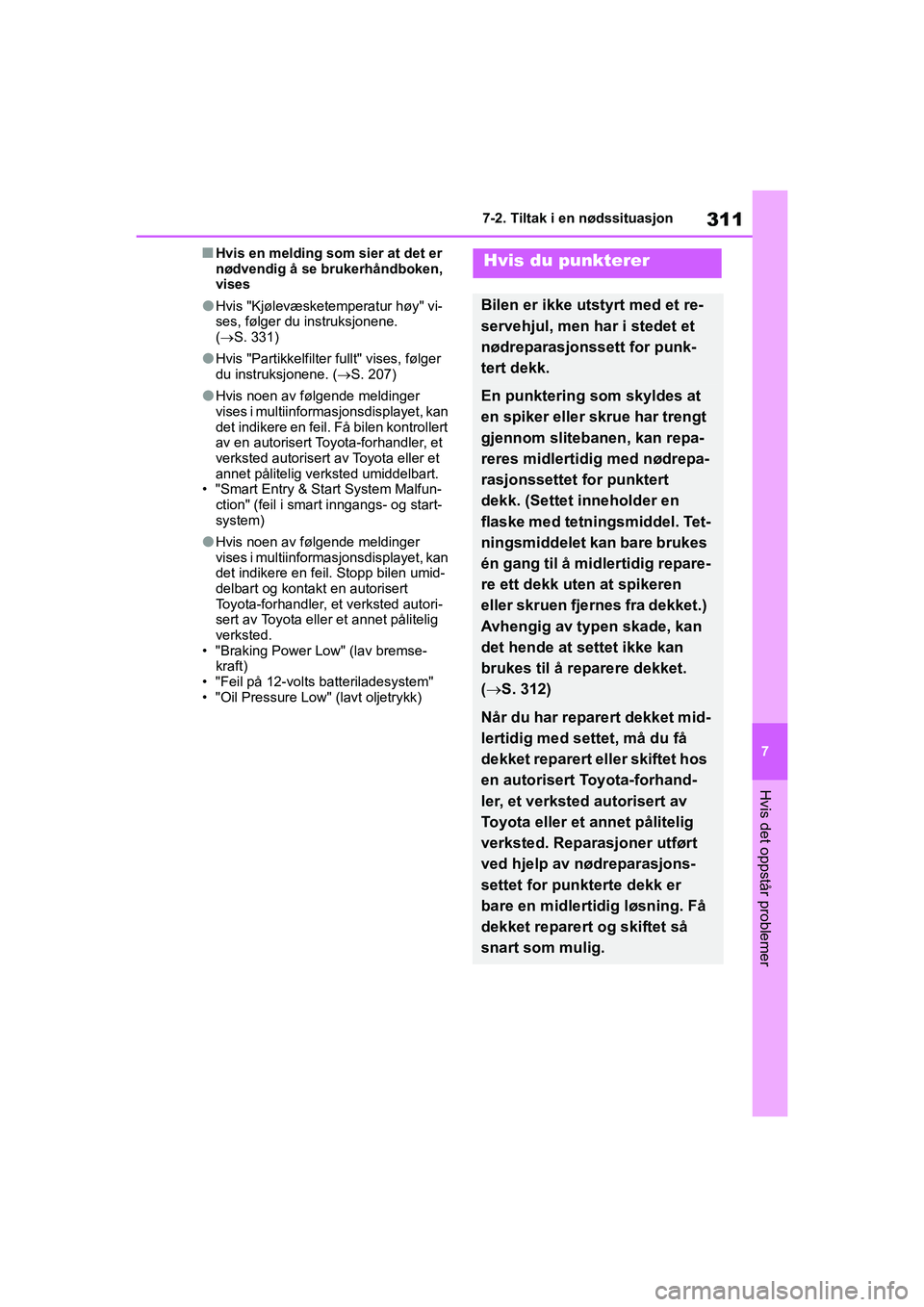 TOYOTA GR YARIS 2020  Instruksjoner for bruk (in Norwegian) 311
7
YARIS(GR) Owners Manual_Europe_M52L09_no
7-2. Tiltak i en nødssituasjon
Hvis det oppstår problemer
nHvis en melding som sier at det er 
nødvendig å se brukerhåndboken, 
vises
lHvis "Kjøle