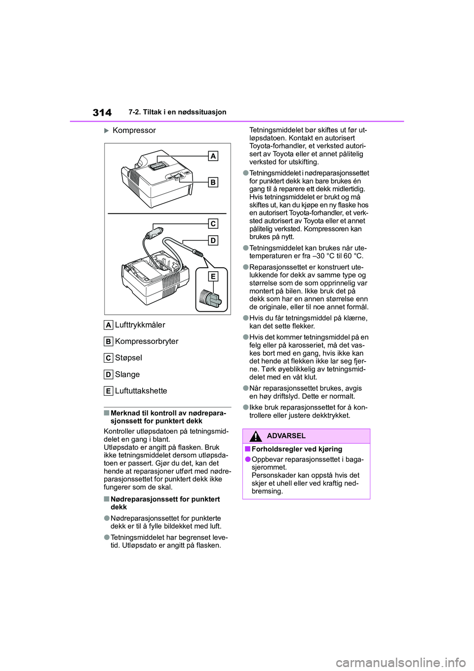TOYOTA GR YARIS 2020  Instruksjoner for bruk (in Norwegian) 314
YARIS(GR) Owners Manual_Europe_M52L09_no
7-2. Tiltak i en nødssituasjon
KompressorLufttrykkmåler
Kompressorbryter
Støpsel
Slange
Luftuttakshette
nMerknad til kontroll av nødrepara-
sjonsse