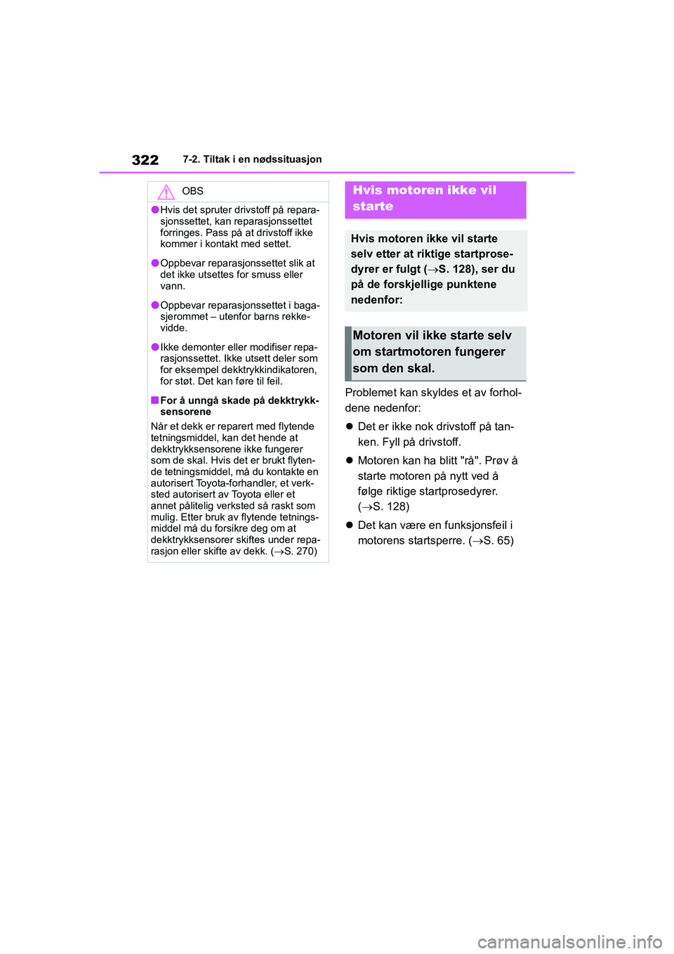 TOYOTA GR YARIS 2020  Instruksjoner for bruk (in Norwegian) 322
YARIS(GR) Owners Manual_Europe_M52L09_no
7-2. Tiltak i en nødssituasjon
Problemet kan skyldes et av forhol-
dene nedenfor:
Det er ikke nok drivstoff på tan-
ken. Fyll på drivstoff.
 Moto