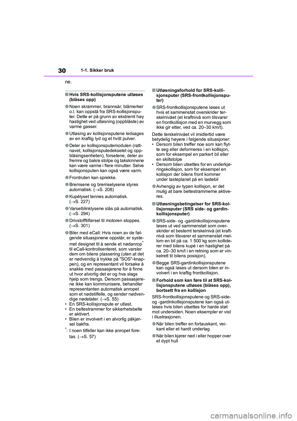 TOYOTA GR YARIS 2020 Instruksjoner for bruk (in Norwegian) 30
YARIS(GR) Owners Manual_Europe_M52L09_no
1-1. Sikker bruk
ne.
nHvis SRS-kollisjonsputene utløses
(blåses opp)
lNoen skrammer, brannsår, blåmerker
o.l. kan oppstå fra SRS-kollisjonspu-
ter. TOYOTA GR YARIS 2020 Instruksjoner for bruk (in Norwegian) 30
YARIS(GR) Owners Manual_Europe_M52L09_no
1-1. Sikker bruk
ne.
nHvis SRS-kollisjonsputene utløses
(blåses opp)
lNoen skrammer, brannsår, blåmerker
o.l. kan oppstå fra SRS-kollisjonspu-
ter.