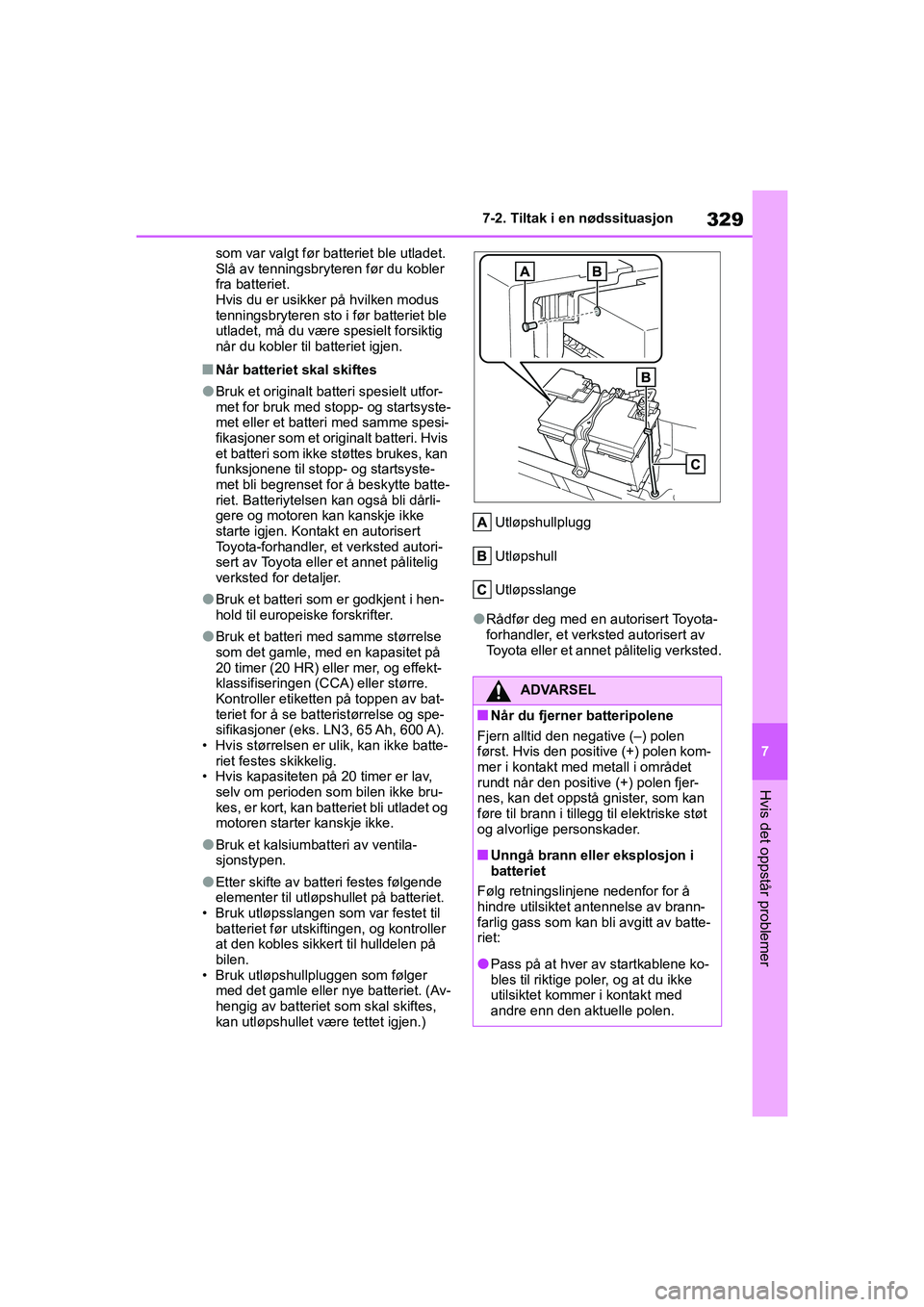 TOYOTA GR YARIS 2020 Instruksjoner for bruk (in Norwegian) 329
7
YARIS(GR) Owners Manual_Europe_M52L09_no
7-2. Tiltak i en nødssituasjon
Hvis det oppstår problemer
som var valgt før batteriet ble utladet.
Slå av tenningsbryteren før du kobler
fra batt TOYOTA GR YARIS 2020 Instruksjoner for bruk (in Norwegian) 329
7
YARIS(GR) Owners Manual_Europe_M52L09_no
7-2. Tiltak i en nødssituasjon
Hvis det oppstår problemer
som var valgt før batteriet ble utladet.
Slå av tenningsbryteren før du kobler
fra batt