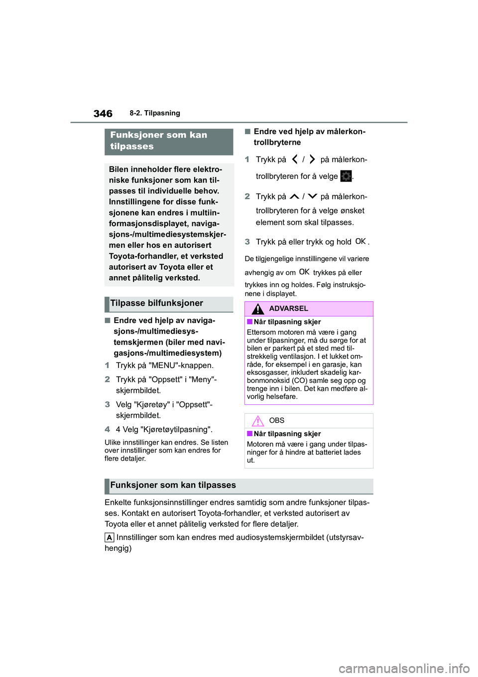 TOYOTA GR YARIS 2020  Instruksjoner for bruk (in Norwegian) 346
YARIS(GR) Owners Manual_Europe_M52L09_no
8-2. Tilpasning
8-2.Tilpasning
nEndre ved hjelp av naviga-
sjons-/multimediesys-
temskjermen (biler med navi-
gasjons-/multimediesystem)
1 Trykk på "MENU
