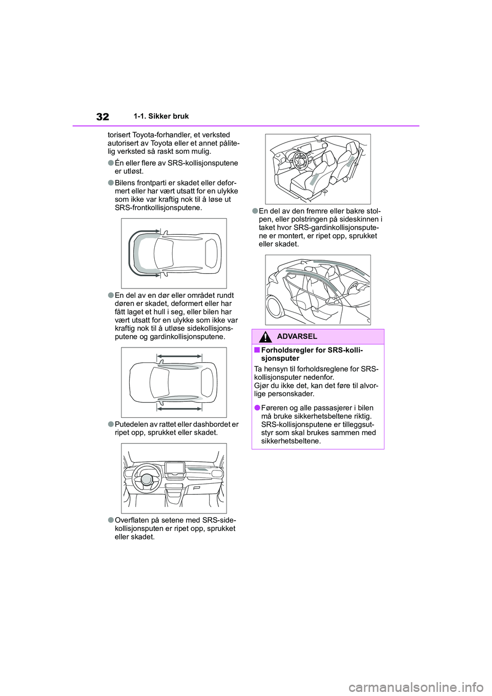 TOYOTA GR YARIS 2020 Instruksjoner for bruk (in Norwegian) 32
YARIS(GR) Owners Manual_Europe_M52L09_no
1-1. Sikker bruk
torisert Toyota-forhandler, et verksted
autorisert av Toyota eller et annet pålite-
lig verksted så raskt som mulig.
lÉn eller flere a TOYOTA GR YARIS 2020 Instruksjoner for bruk (in Norwegian) 32
YARIS(GR) Owners Manual_Europe_M52L09_no
1-1. Sikker bruk
torisert Toyota-forhandler, et verksted
autorisert av Toyota eller et annet pålite-
lig verksted så raskt som mulig.
lÉn eller flere a