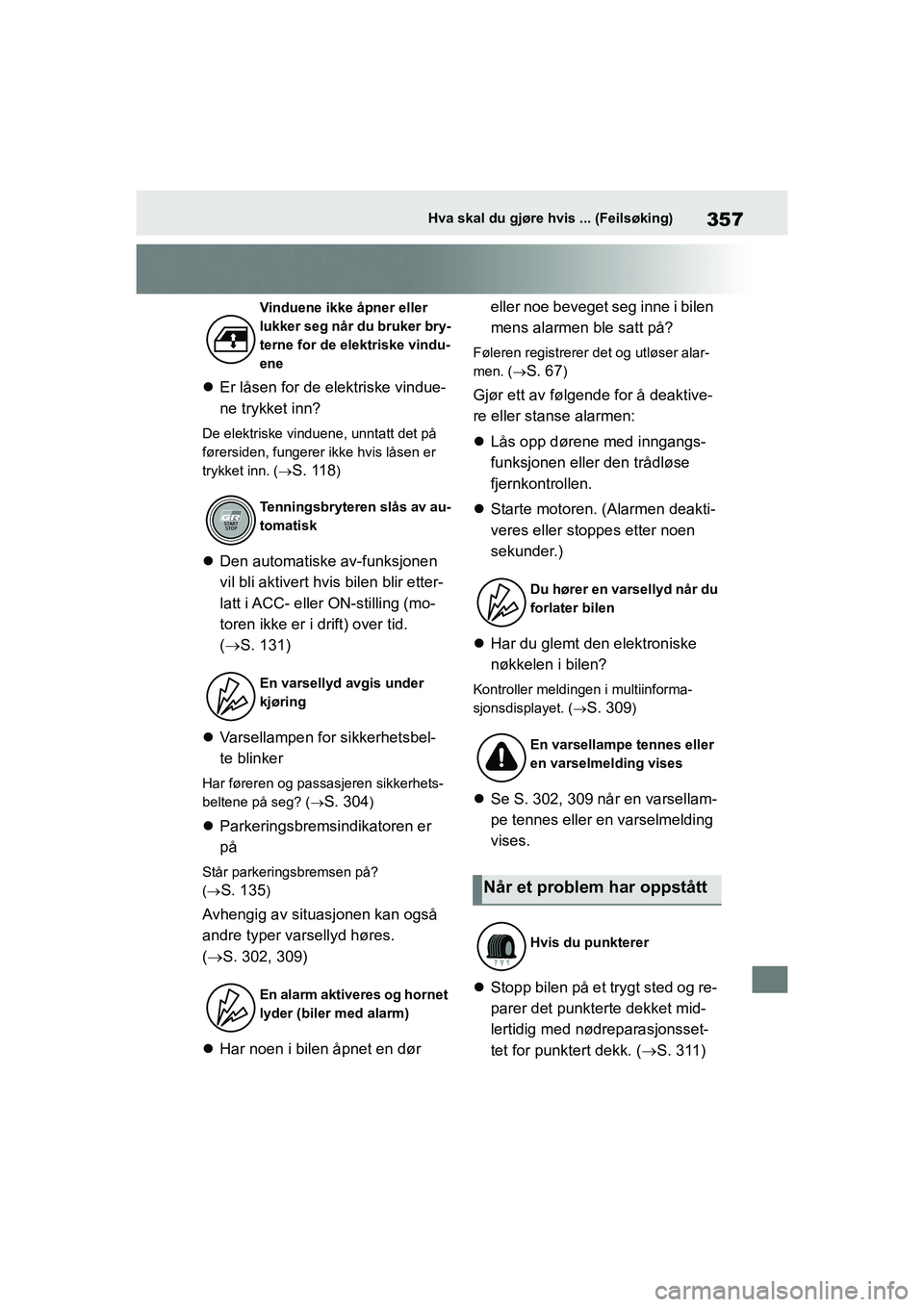 TOYOTA GR YARIS 2020 Instruksjoner for bruk (in Norwegian) 357
YARIS(GR) Owners Manual_Europe_M52L09_no
Hva skal du gjøre hvis ... (Feilsøking)
Er låsen for de elektriske vindue-
ne trykket inn?
De elektriske vinduene, unntatt det på
førersiden, fun TOYOTA GR YARIS 2020 Instruksjoner for bruk (in Norwegian) 357
YARIS(GR) Owners Manual_Europe_M52L09_no
Hva skal du gjøre hvis ... (Feilsøking)
Er låsen for de elektriske vindue-
ne trykket inn?
De elektriske vinduene, unntatt det på
førersiden, fun