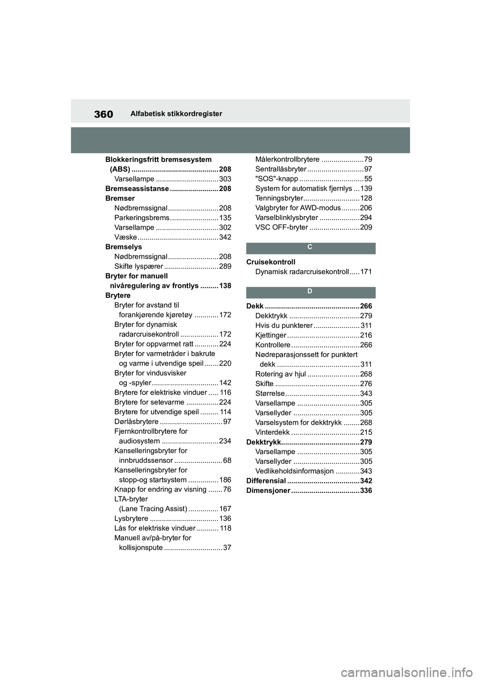 TOYOTA GR YARIS 2020 Instruksjoner for bruk (in Norwegian) 360
YARIS(GR) Owners Manual_Europe_M52L09_no
Alfabetisk stikkordregister
Blokkeringsfritt bremsesystem (ABS) ........................................... 208Varsellampe .............................. TOYOTA GR YARIS 2020 Instruksjoner for bruk (in Norwegian) 360
YARIS(GR) Owners Manual_Europe_M52L09_no
Alfabetisk stikkordregister
Blokkeringsfritt bremsesystem (ABS) ........................................... 208Varsellampe ..............................