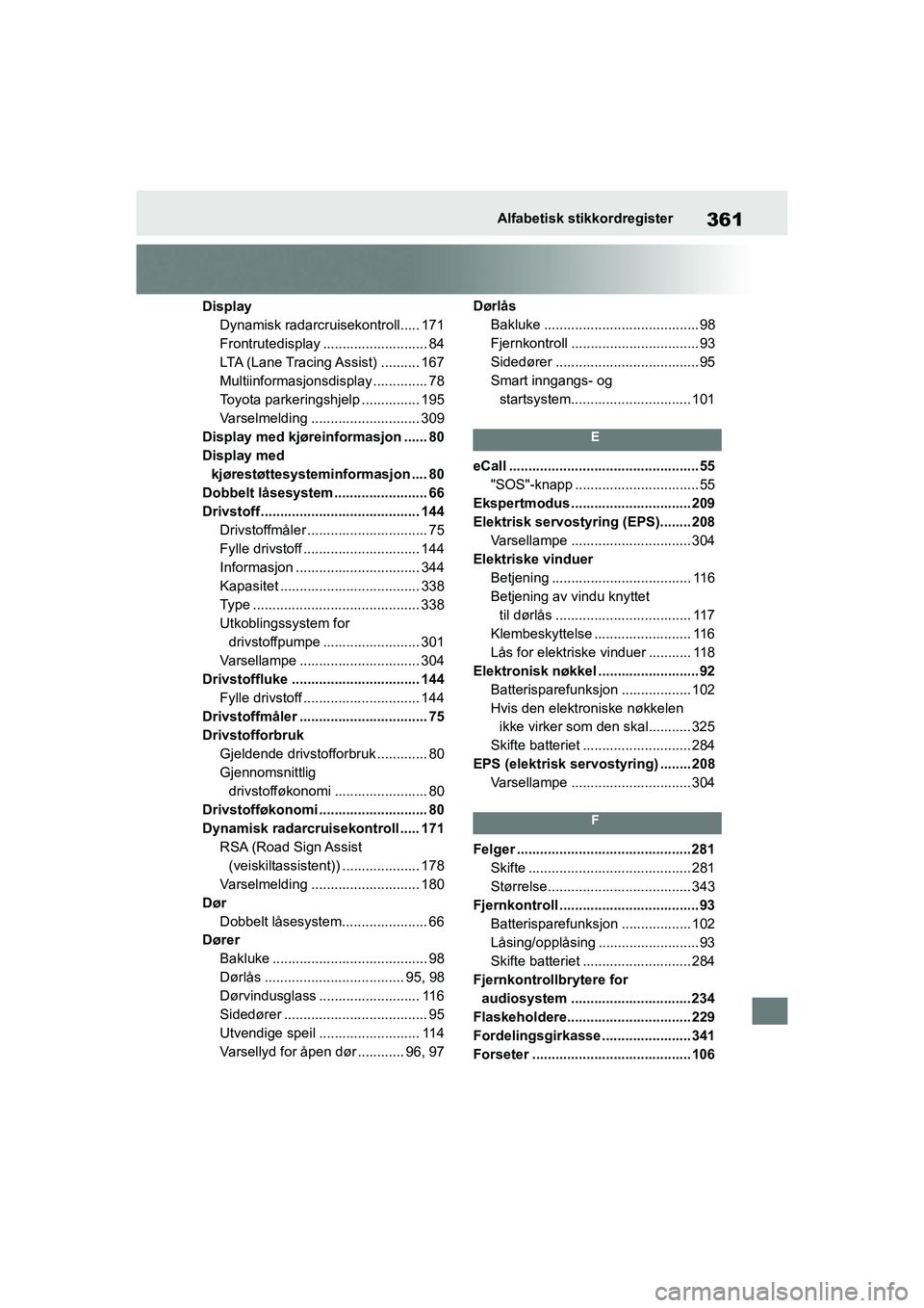 TOYOTA GR YARIS 2020 Instruksjoner for bruk (in Norwegian) 361
YARIS(GR) Owners Manual_Europe_M52L09_no
Alfabetisk stikkordregister
DisplayDynamisk radarcruisekontroll..... 171
Frontrutedisplay ........................... 84
LTA (Lane Tracing Assist) ....... TOYOTA GR YARIS 2020 Instruksjoner for bruk (in Norwegian) 361
YARIS(GR) Owners Manual_Europe_M52L09_no
Alfabetisk stikkordregister
DisplayDynamisk radarcruisekontroll..... 171
Frontrutedisplay ........................... 84
LTA (Lane Tracing Assist) .......