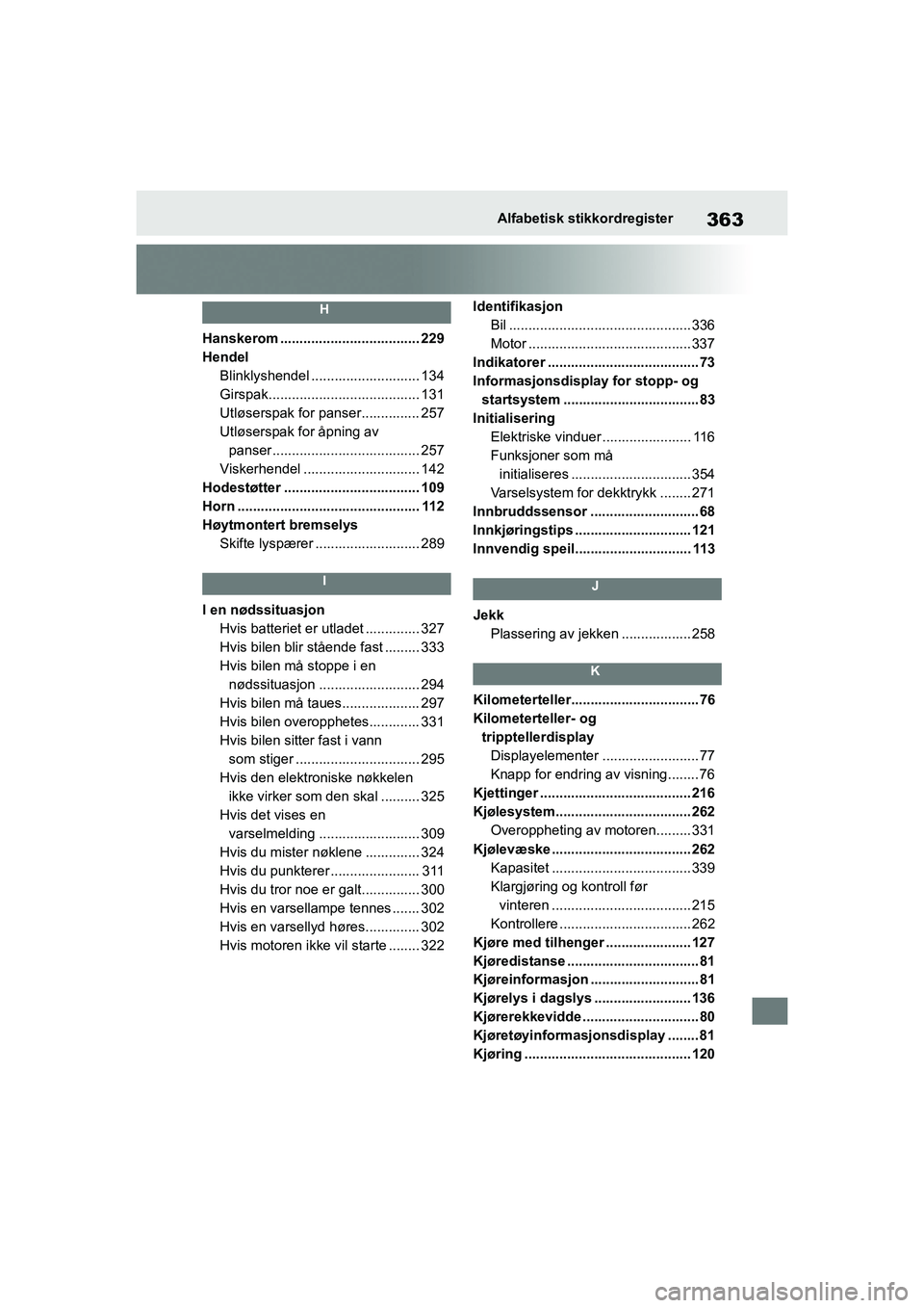 TOYOTA GR YARIS 2020 Instruksjoner for bruk (in Norwegian) 363
YARIS(GR) Owners Manual_Europe_M52L09_no
Alfabetisk stikkordregister
H
Hanskerom .................................... 229
HendelBlinklyshendel ............................ 134
Girspak............ TOYOTA GR YARIS 2020 Instruksjoner for bruk (in Norwegian) 363
YARIS(GR) Owners Manual_Europe_M52L09_no
Alfabetisk stikkordregister
H
Hanskerom .................................... 229
HendelBlinklyshendel ............................ 134
Girspak............