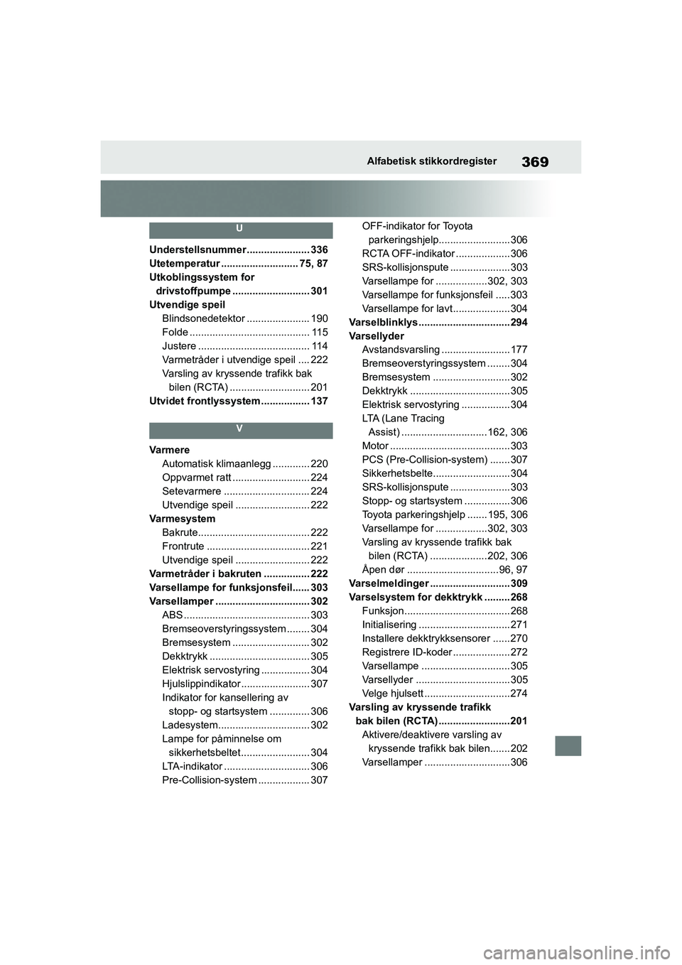TOYOTA GR YARIS 2020 Instruksjoner for bruk (in Norwegian) 369
YARIS(GR) Owners Manual_Europe_M52L09_no
Alfabetisk stikkordregister
U
Understellsnummer ...................... 336
Utetemperatur ........................... 75, 87
Utkoblingssystem for drivstoff TOYOTA GR YARIS 2020 Instruksjoner for bruk (in Norwegian) 369
YARIS(GR) Owners Manual_Europe_M52L09_no
Alfabetisk stikkordregister
U
Understellsnummer ...................... 336
Utetemperatur ........................... 75, 87
Utkoblingssystem for drivstoff