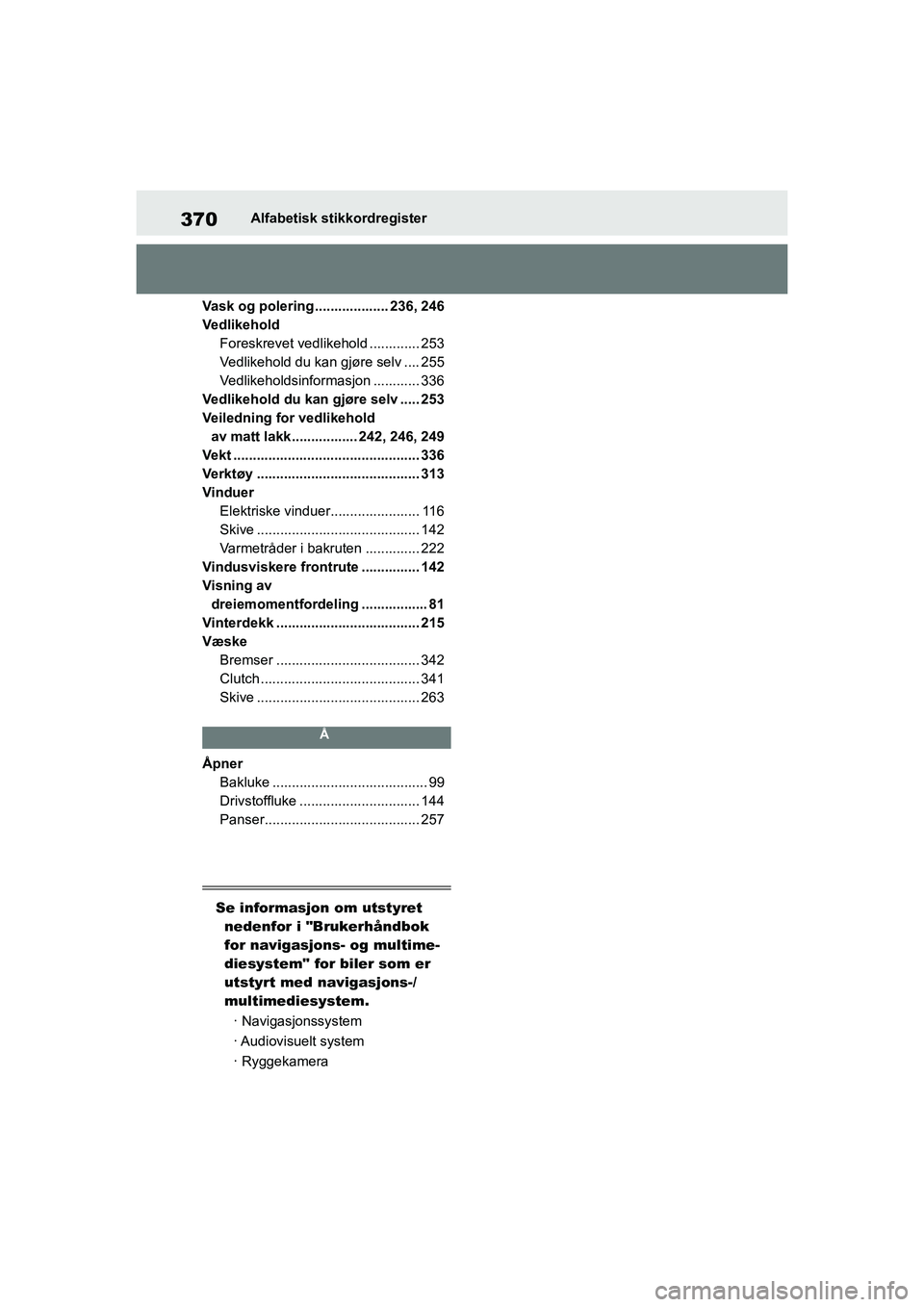 TOYOTA GR YARIS 2020 Instruksjoner for bruk (in Norwegian) 370
YARIS(GR) Owners Manual_Europe_M52L09_no
Alfabetisk stikkordregister
Vask og polering................... 236, 246
Vedlikehold Foreskrevet vedlikehold ............. 253
Vedlikehold du kan gjøre s TOYOTA GR YARIS 2020 Instruksjoner for bruk (in Norwegian) 370
YARIS(GR) Owners Manual_Europe_M52L09_no
Alfabetisk stikkordregister
Vask og polering................... 236, 246
Vedlikehold Foreskrevet vedlikehold ............. 253
Vedlikehold du kan gjøre s