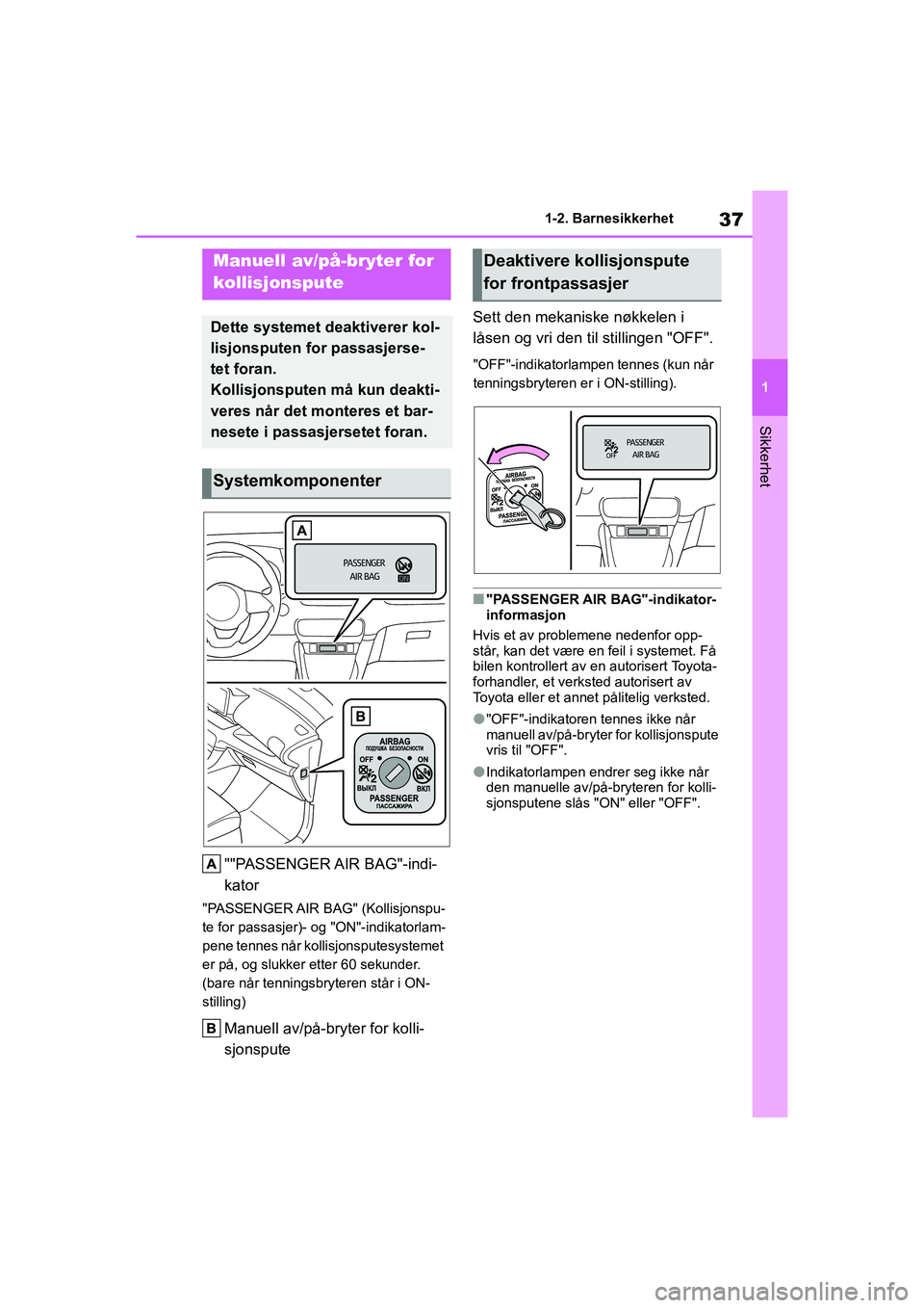 TOYOTA GR YARIS 2020  Instruksjoner for bruk (in Norwegian) 37
1
YARIS(GR) Owners Manual_Europe_M52L09_no
1-2. Barnesikkerhet
Sikkerhet
1-2.Barnesikkerhet
""PASSENGER AIR  BAG"-indi-
kator
"PASSENGER AIR BAG" (Kollisjonspu-
te for passasjer)- og "ON"-indikato