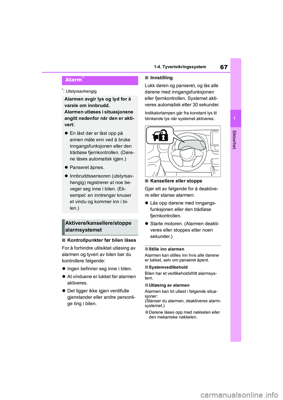 TOYOTA GR YARIS 2020 Instruksjoner for bruk (in Norwegian) 67
1
YARIS(GR) Owners Manual_Europe_M52L09_no
1-4. Tyverisikringssystem
Sikkerhet
*: Utstyrsavhengig
nKontrollpunkter før bilen låses
For å forhindre utilsiktet utløsing av
alarmen og tyveri av TOYOTA GR YARIS 2020 Instruksjoner for bruk (in Norwegian) 67
1
YARIS(GR) Owners Manual_Europe_M52L09_no
1-4. Tyverisikringssystem
Sikkerhet
*: Utstyrsavhengig
nKontrollpunkter før bilen låses
For å forhindre utilsiktet utløsing av
alarmen og tyveri av