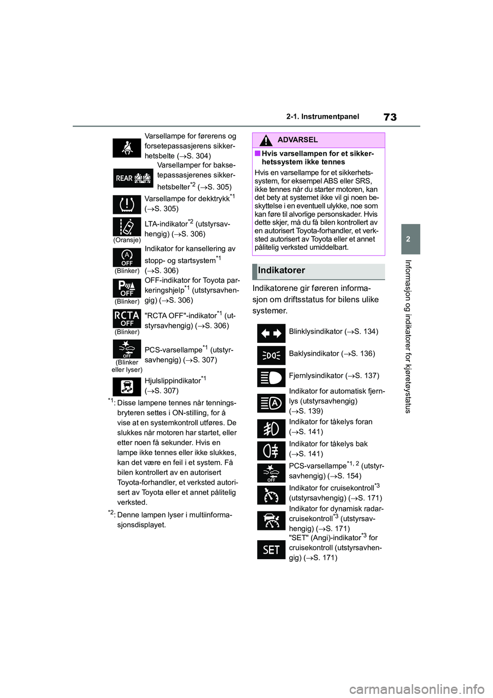 TOYOTA GR YARIS 2020 Instruksjoner for bruk (in Norwegian) 73
2
YARIS(GR) Owners Manual_Europe_M52L09_no
2-1. Instrumentpanel
Informasjon og indikatorer for kjøretøystatus
*1: Disse lampene tennes når tennings-bryteren settes i ON-stilling, for å
vise a TOYOTA GR YARIS 2020 Instruksjoner for bruk (in Norwegian) 73
2
YARIS(GR) Owners Manual_Europe_M52L09_no
2-1. Instrumentpanel
Informasjon og indikatorer for kjøretøystatus
*1: Disse lampene tennes når tennings-bryteren settes i ON-stilling, for å
vise a