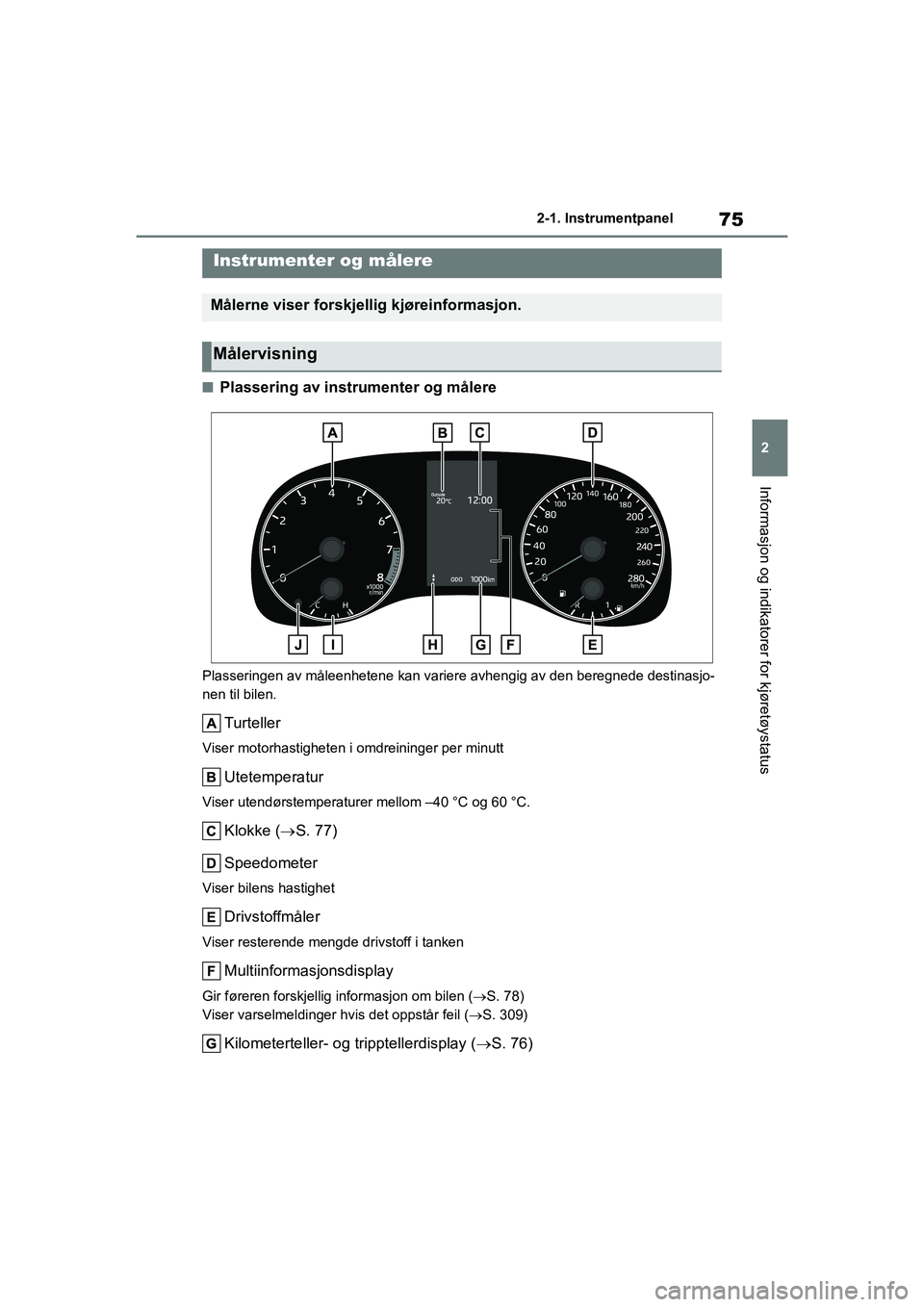 TOYOTA GR YARIS 2020 Instruksjoner for bruk (in Norwegian) 75
2
YARIS(GR) Owners Manual_Europe_M52L09_no
2-1. Instrumentpanel
Informasjon og indikatorer for kjøretøystatus
nPlassering av instrumenter og målere
Plasseringen av måleenhetene kan variere avh TOYOTA GR YARIS 2020 Instruksjoner for bruk (in Norwegian) 75
2
YARIS(GR) Owners Manual_Europe_M52L09_no
2-1. Instrumentpanel
Informasjon og indikatorer for kjøretøystatus
nPlassering av instrumenter og målere
Plasseringen av måleenhetene kan variere avh