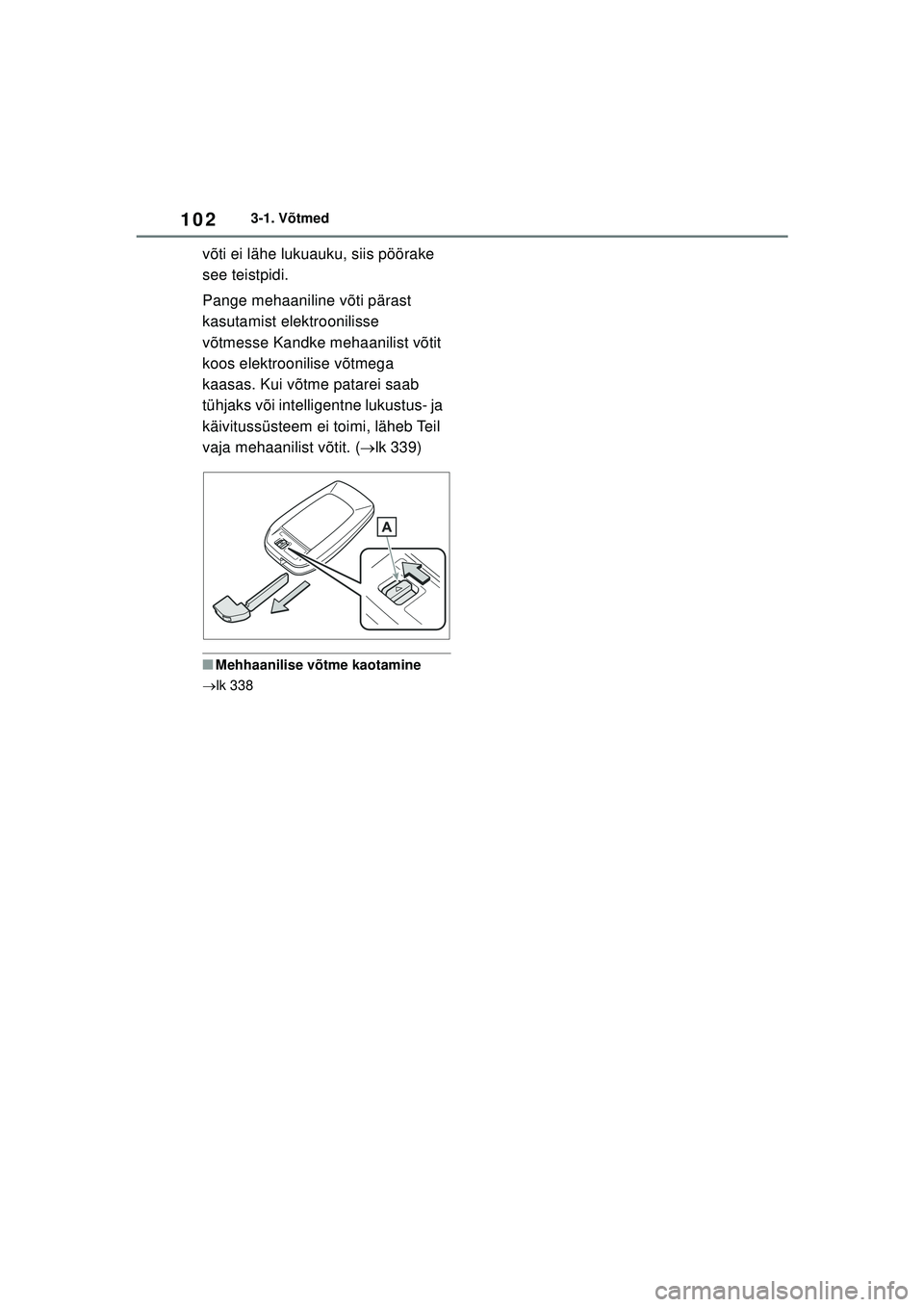 TOYOTA GR YARIS 2020 Kasutusjuhend (in Estonian) 102
YARIS(GR) Owners Manual_Europe_M52L09_EE
3-1. Võtmed
võti ei lähe lukuauku, siis pöörake
see teistpidi.
Pange mehaaniline võti pärast
kasutamist elektroonilisse
võtmesse Kandke mehaani TOYOTA GR YARIS 2020 Kasutusjuhend (in Estonian) 102
YARIS(GR) Owners Manual_Europe_M52L09_EE
3-1. Võtmed
võti ei lähe lukuauku, siis pöörake
see teistpidi.
Pange mehaaniline võti pärast
kasutamist elektroonilisse
võtmesse Kandke mehaani