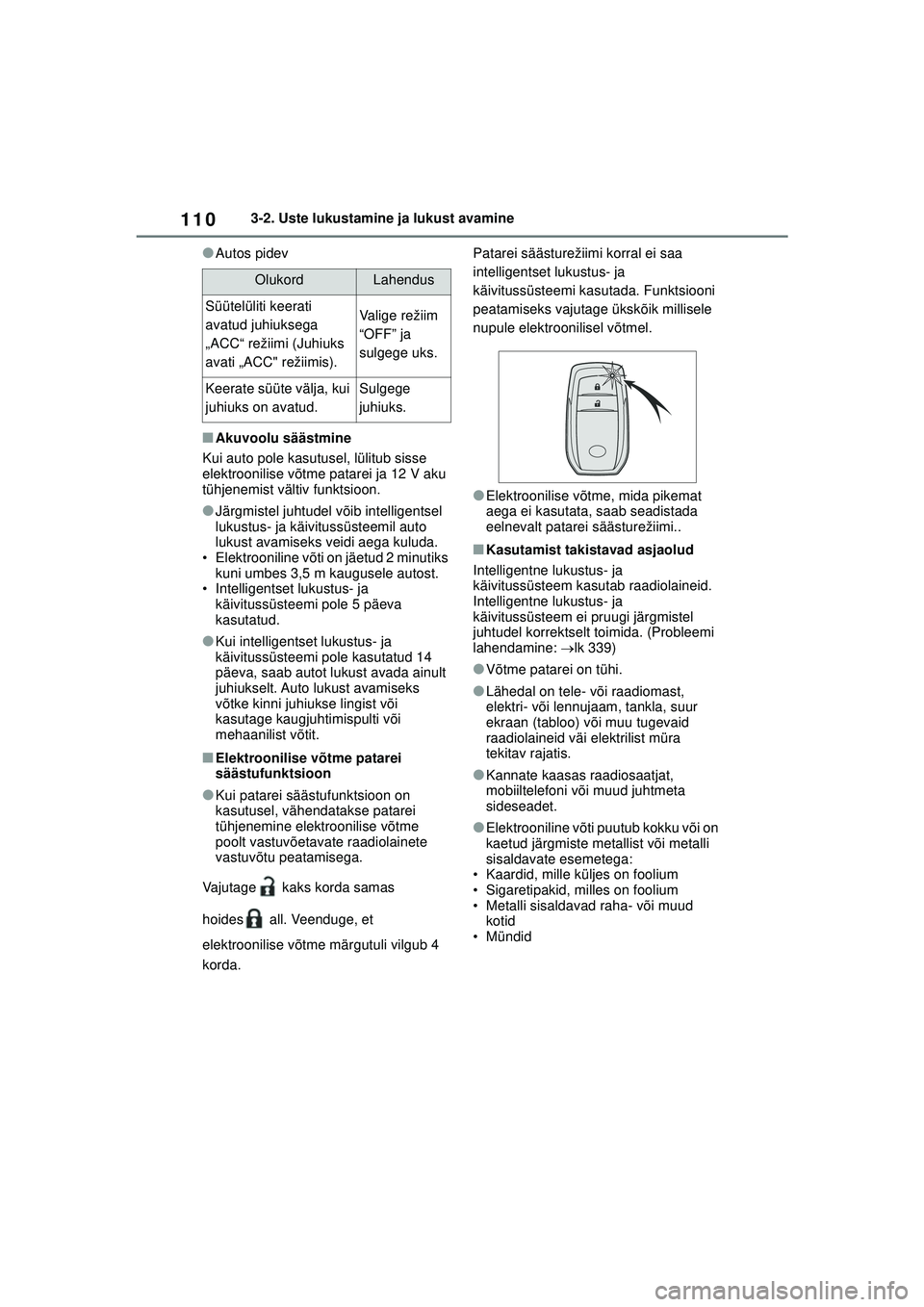 TOYOTA GR YARIS 2020 Kasutusjuhend (in Estonian) 110
YARIS(GR) Owners Manual_Europe_M52L09_EE
3-2. Uste lukustamine ja lukust avamine
●Autos pidev
■Akuvoolu säästmine
Kui auto pole kasutusel, lülitub sisse
elektroonilise võtme patarei ja 1 TOYOTA GR YARIS 2020 Kasutusjuhend (in Estonian) 110
YARIS(GR) Owners Manual_Europe_M52L09_EE
3-2. Uste lukustamine ja lukust avamine
●Autos pidev
■Akuvoolu säästmine
Kui auto pole kasutusel, lülitub sisse
elektroonilise võtme patarei ja 1