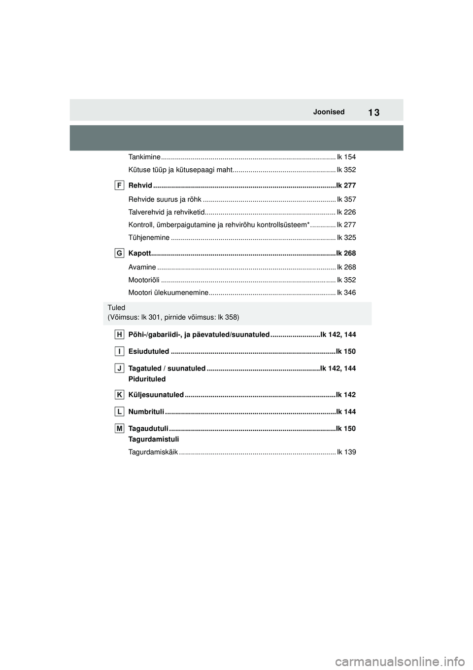 TOYOTA GR YARIS 2020 Kasutusjuhend (in Estonian) 13
YARIS(GR) Owners Manual_Europe_M52L09_EE
Joonised
Tankimine ........................................................................................ lk 154
Kütuse tüüp ja kütusepaagi maht..... TOYOTA GR YARIS 2020 Kasutusjuhend (in Estonian) 13
YARIS(GR) Owners Manual_Europe_M52L09_EE
Joonised
Tankimine ........................................................................................ lk 154
Kütuse tüüp ja kütusepaagi maht.....