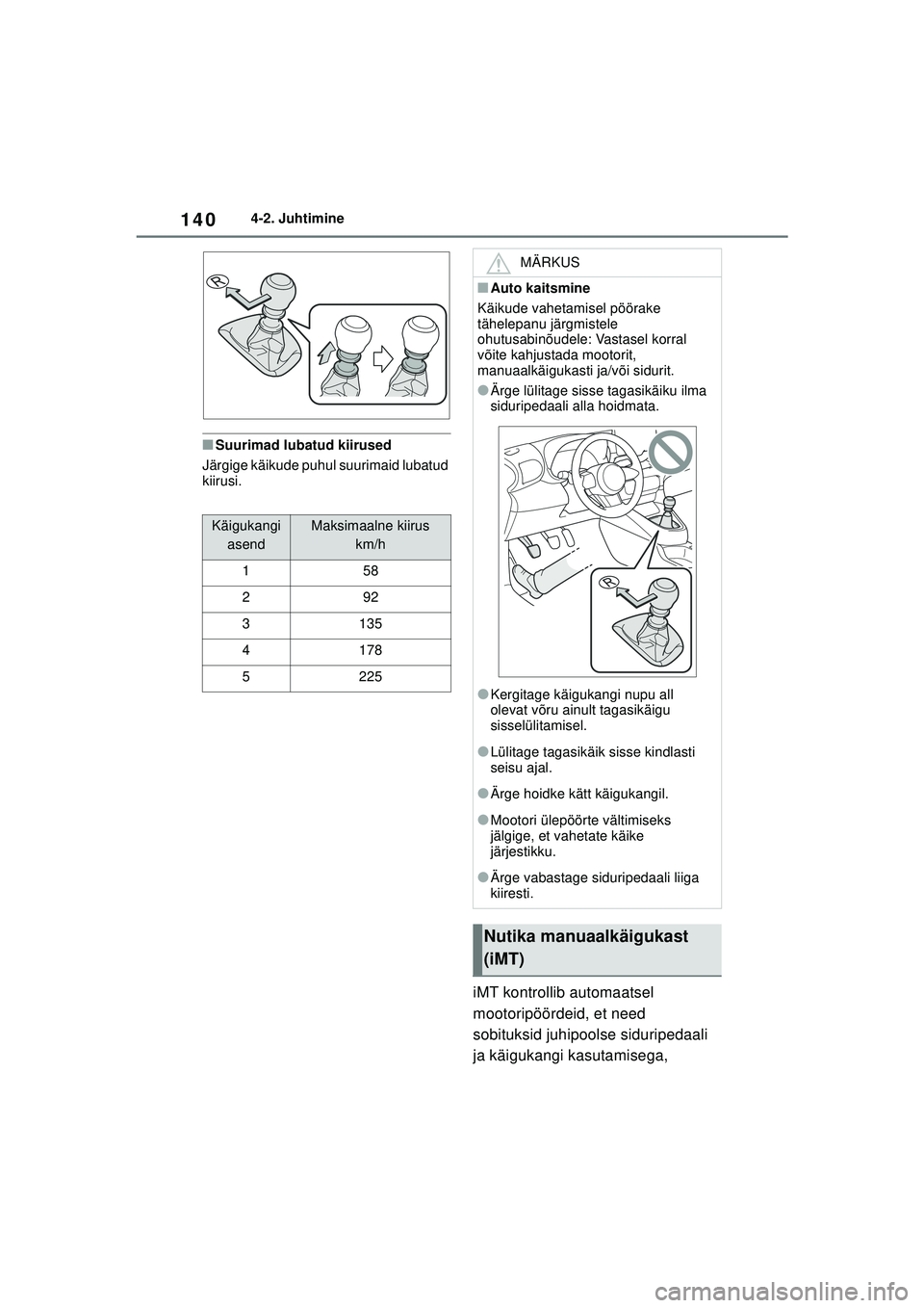 TOYOTA GR YARIS 2020 Kasutusjuhend (in Estonian) 140
YARIS(GR) Owners Manual_Europe_M52L09_EE
4-2. Juhtimine
■Suurimad lubatud kiirused
Järgige käikude puhul suurimaid lubatud
kiirusi.
iMT kontrollib automaatsel
mootoripöördeid, et need
so TOYOTA GR YARIS 2020 Kasutusjuhend (in Estonian) 140
YARIS(GR) Owners Manual_Europe_M52L09_EE
4-2. Juhtimine
■Suurimad lubatud kiirused
Järgige käikude puhul suurimaid lubatud
kiirusi.
iMT kontrollib automaatsel
mootoripöördeid, et need
so