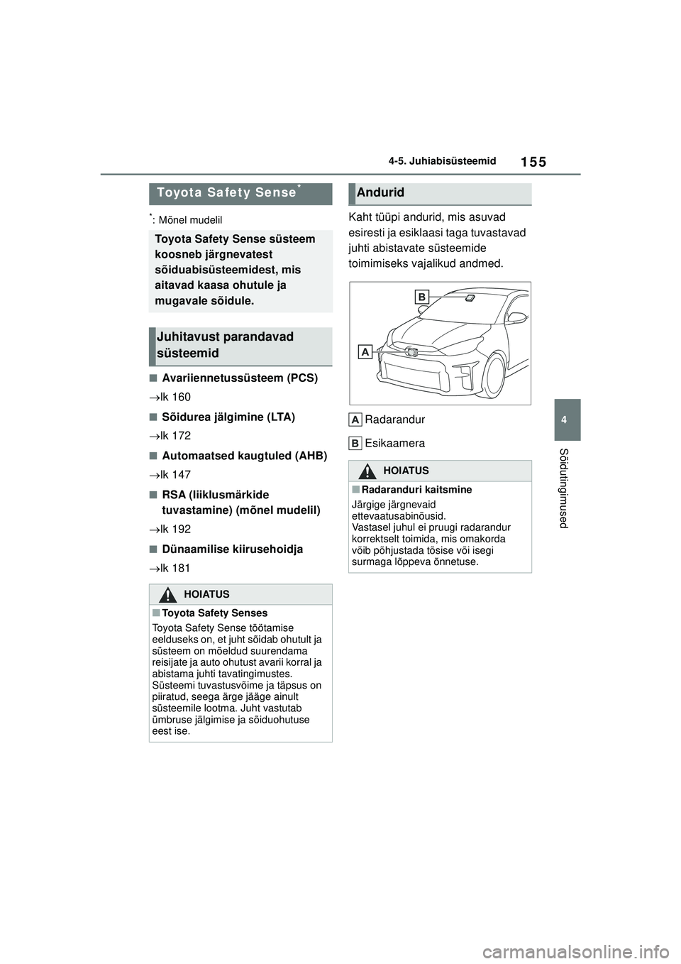 TOYOTA GR YARIS 2020 Kasutusjuhend (in Estonian) 155
4
YARIS(GR) Owners Manual_Europe_M52L09_EE
4-5. Juhiabisüsteemid
Sõidutingimused
4-5.Juhiabisüsteemid
*: Mõnel mudelil
■Avariiennetussüsteem (PCS)
lk 160
■Sõidurea jälgimine (LTA)
TOYOTA GR YARIS 2020 Kasutusjuhend (in Estonian) 155
4
YARIS(GR) Owners Manual_Europe_M52L09_EE
4-5. Juhiabisüsteemid
Sõidutingimused
4-5.Juhiabisüsteemid
*: Mõnel mudelil
■Avariiennetussüsteem (PCS)
lk 160
■Sõidurea jälgimine (LTA)