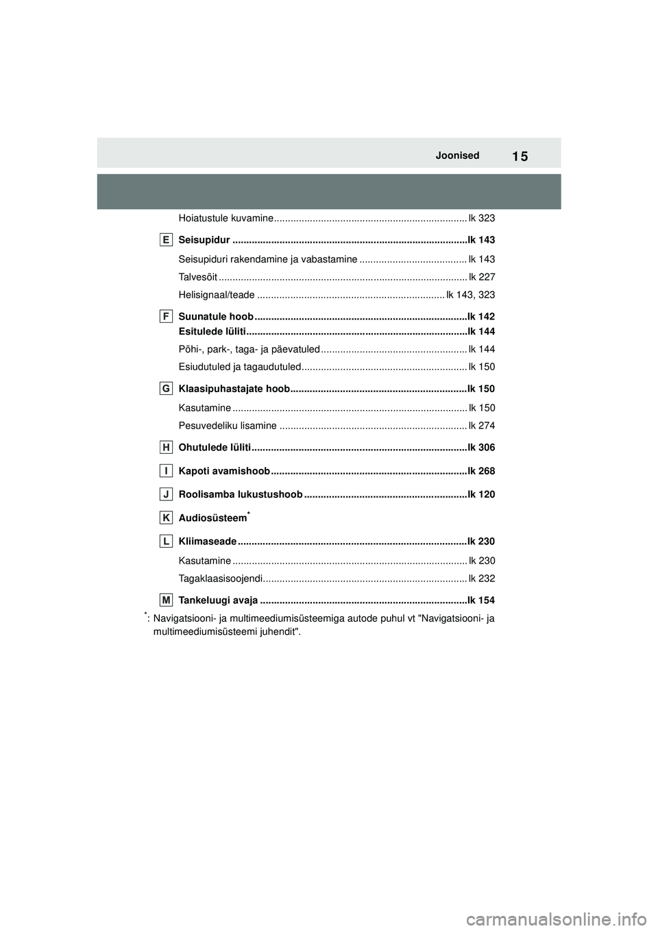 TOYOTA GR YARIS 2020 Kasutusjuhend (in Estonian) 15
YARIS(GR) Owners Manual_Europe_M52L09_EE
Joonised
Hoiatustule kuvamine...................................................................... lk 323
Seisupidur ..................................... TOYOTA GR YARIS 2020 Kasutusjuhend (in Estonian) 15
YARIS(GR) Owners Manual_Europe_M52L09_EE
Joonised
Hoiatustule kuvamine...................................................................... lk 323
Seisupidur .....................................