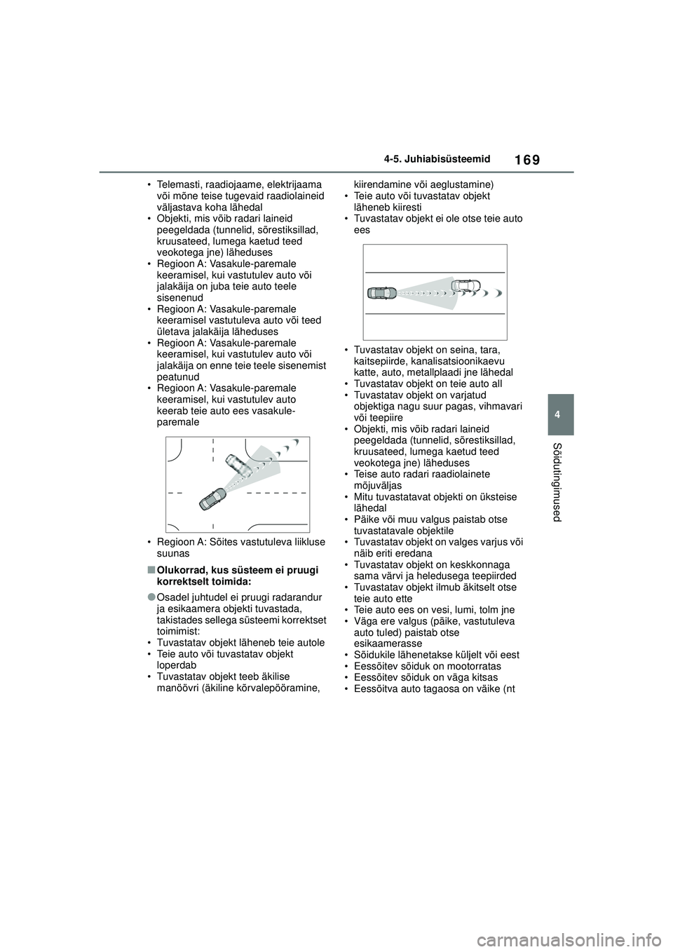 TOYOTA GR YARIS 2020 Kasutusjuhend (in Estonian) 169
4
YARIS(GR) Owners Manual_Europe_M52L09_EE
4-5. Juhiabisüsteemid
Sõidutingimused
• Telemasti, raadiojaame, elektrijaama või mõne teise tugevaid raadiolaineid
väljastava koha lähedal
• TOYOTA GR YARIS 2020 Kasutusjuhend (in Estonian) 169
4
YARIS(GR) Owners Manual_Europe_M52L09_EE
4-5. Juhiabisüsteemid
Sõidutingimused
• Telemasti, raadiojaame, elektrijaama või mõne teise tugevaid raadiolaineid
väljastava koha lähedal
•