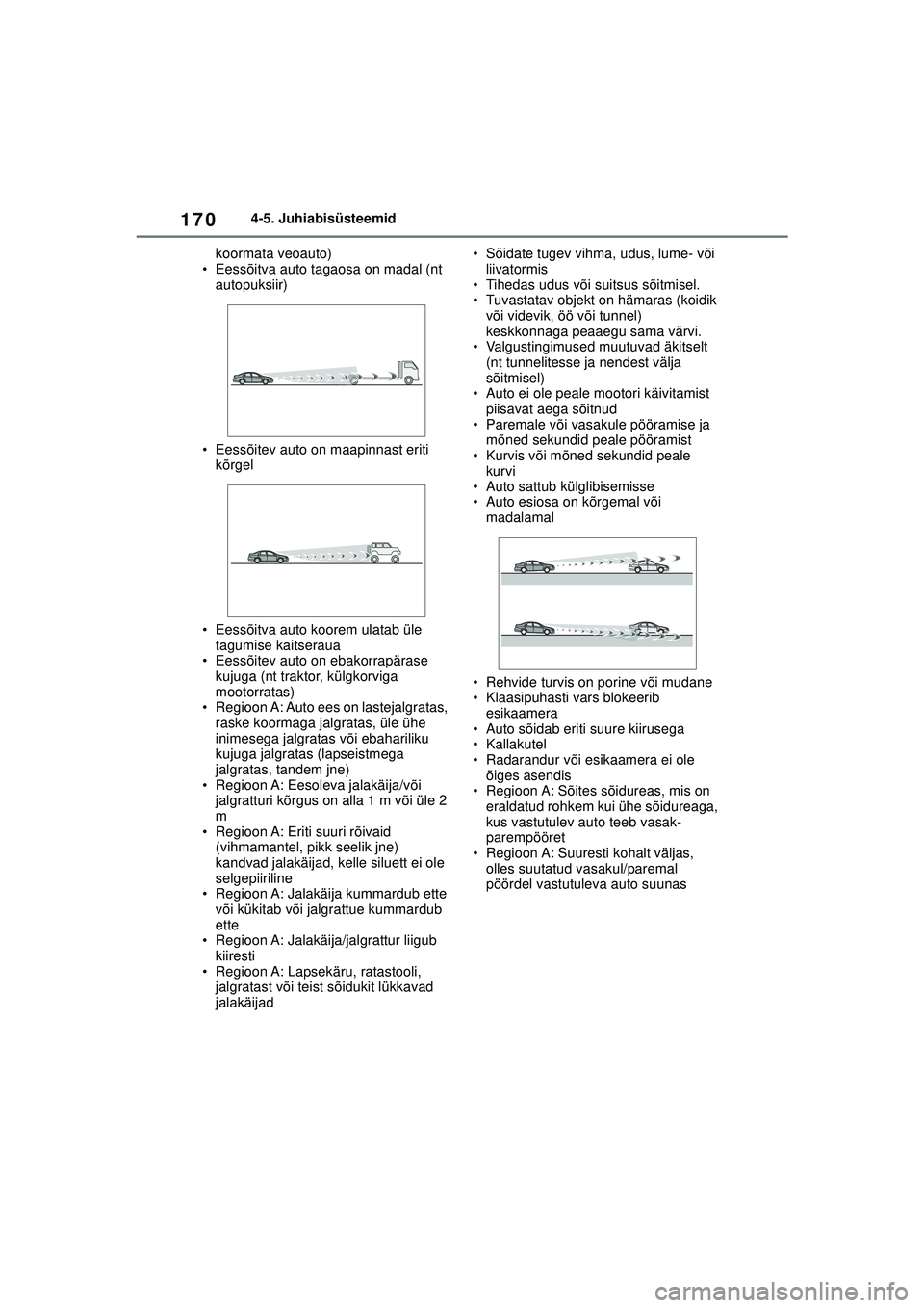 TOYOTA GR YARIS 2020 Kasutusjuhend (in Estonian) 170
YARIS(GR) Owners Manual_Europe_M52L09_EE
4-5. Juhiabisüsteemid
koormata veoauto)
• Eessõitva auto tagaosa on madal (nt autopuksiir)
• Eessõitev auto on maapinnast eriti kõrgel
• Eess TOYOTA GR YARIS 2020 Kasutusjuhend (in Estonian) 170
YARIS(GR) Owners Manual_Europe_M52L09_EE
4-5. Juhiabisüsteemid
koormata veoauto)
• Eessõitva auto tagaosa on madal (nt autopuksiir)
• Eessõitev auto on maapinnast eriti kõrgel
• Eess