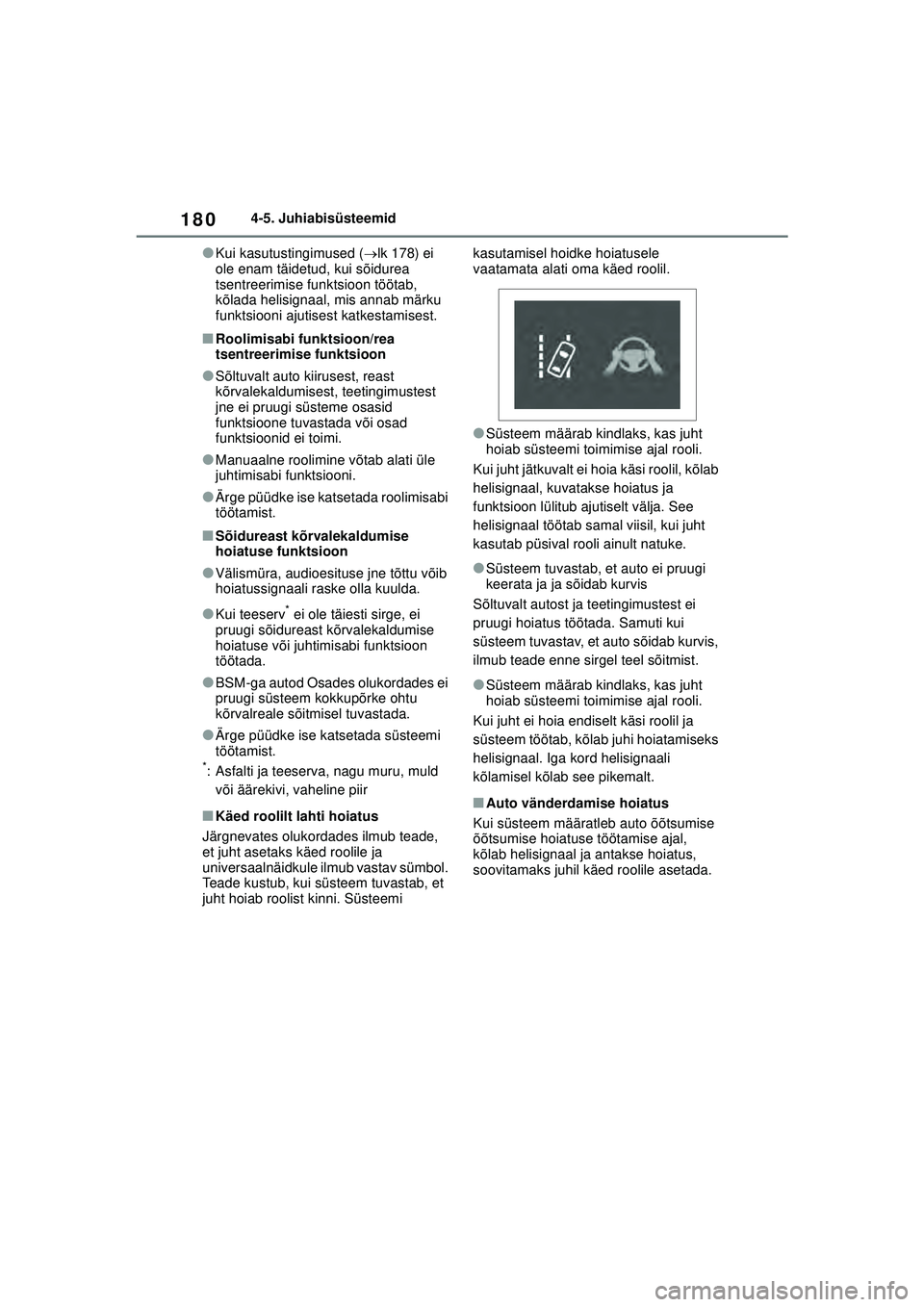 TOYOTA GR YARIS 2020 Kasutusjuhend (in Estonian) 180
YARIS(GR) Owners Manual_Europe_M52L09_EE
4-5. Juhiabisüsteemid
●Kui kasutustingimused (lk 178) ei
ole enam täidetud, kui sõidurea
tsentreerimise funktsioon töötab,
kõlada helisignaa TOYOTA GR YARIS 2020 Kasutusjuhend (in Estonian) 180
YARIS(GR) Owners Manual_Europe_M52L09_EE
4-5. Juhiabisüsteemid
●Kui kasutustingimused (lk 178) ei
ole enam täidetud, kui sõidurea
tsentreerimise funktsioon töötab,
kõlada helisignaa