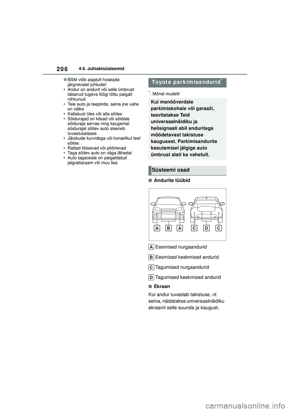 TOYOTA GR YARIS 2020  Kasutusjuhend (in Estonian) 206
YARIS(GR) Owners Manual_Europe_M52L09_EE
4-5. Juhiabisüsteemid
●BSM võib asjatult hoiatada 
järgnevatel juhtudel:
• Andur on andurit või selle ümbrust  tabanud tugeva löögi tõttu paig