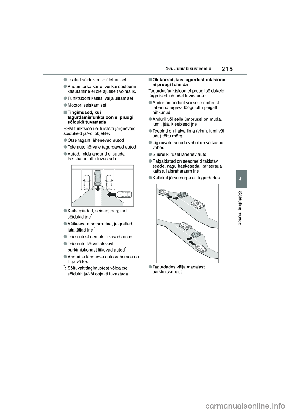 TOYOTA GR YARIS 2020  Kasutusjuhend (in Estonian) 215
4
YARIS(GR) Owners Manual_Europe_M52L09_EE
4-5. Juhiabisüsteemid
Sõidutingimused
●Teatud sõidukiiruse ületamisel
●Anduri tõrke korral või kui süsteemi 
kasutamine ei ole ajutiselt või