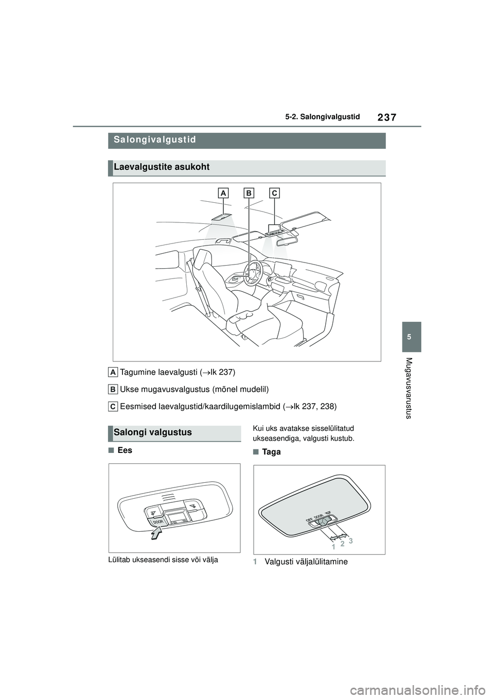 TOYOTA GR YARIS 2020  Kasutusjuhend (in Estonian) 237
5
YARIS(GR) Owners Manual_Europe_M52L09_EE
5-2. Salongivalgustid
Mugavusvarustus
5 -2 .S al ongiv a lgus tid
Tagumine laevalgusti (lk 237)
Ukse mugavusvalgustus (mõnel mudelil)
Eesmised laeva
