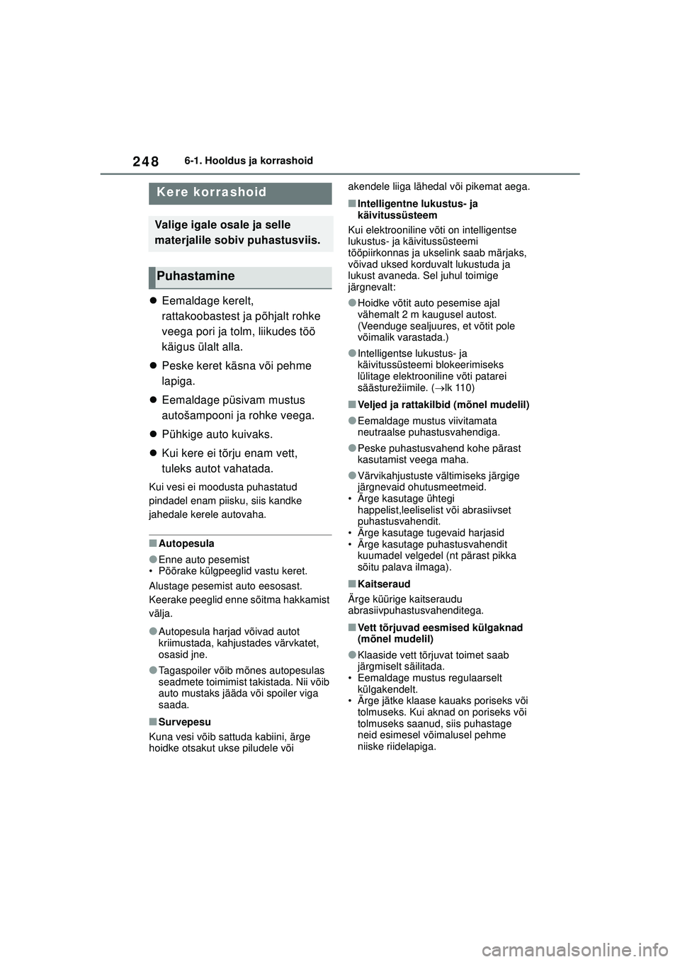 TOYOTA GR YARIS 2020  Kasutusjuhend (in Estonian) 248
YARIS(GR) Owners Manual_Europe_M52L09_EE
6-1. Hooldus ja korrashoid
6 -1 .Hool dus  ja  k orra s hoid
Eemaldage kerelt, 
rattakoobastest ja põhjalt rohke 
veega pori ja tolm, liikudes töö 
