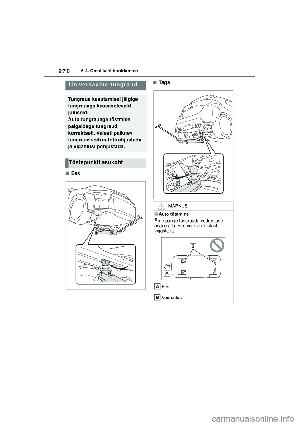 TOYOTA GR YARIS 2020 Kasutusjuhend (in Estonian) 270
YARIS(GR) Owners Manual_Europe_M52L09_EE
6-4. Omal käel hooldamine
■Ees
■Ta g aUniversaalne tungraud
Tungraua kasutamisel jälgige
tungrauaga kaasasolevaid
juhiseid.
Auto tungrauaga tõstm TOYOTA GR YARIS 2020 Kasutusjuhend (in Estonian) 270
YARIS(GR) Owners Manual_Europe_M52L09_EE
6-4. Omal käel hooldamine
■Ees
■Ta g aUniversaalne tungraud
Tungraua kasutamisel jälgige
tungrauaga kaasasolevaid
juhiseid.
Auto tungrauaga tõstm