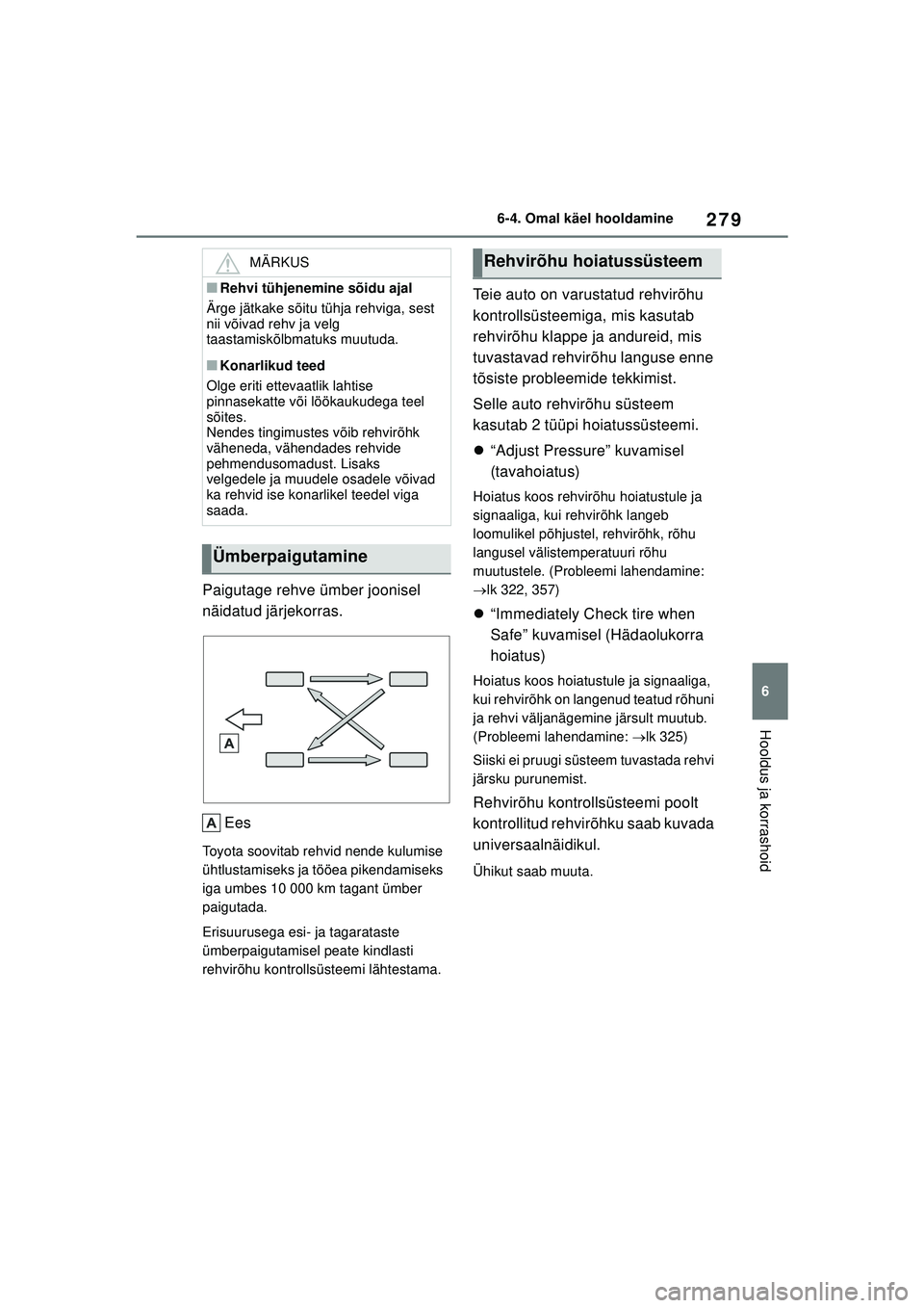 TOYOTA GR YARIS 2020 Kasutusjuhend (in Estonian) 279
6
YARIS(GR) Owners Manual_Europe_M52L09_EE
6-4. Omal käel hooldamine
Hooldus ja korrashoid
Paigutage rehve ümber joonisel
näidatud järjekorras.Ees
Toyota soovitab rehvid nende kulumise
üht TOYOTA GR YARIS 2020 Kasutusjuhend (in Estonian) 279
6
YARIS(GR) Owners Manual_Europe_M52L09_EE
6-4. Omal käel hooldamine
Hooldus ja korrashoid
Paigutage rehve ümber joonisel
näidatud järjekorras.Ees
Toyota soovitab rehvid nende kulumise
üht