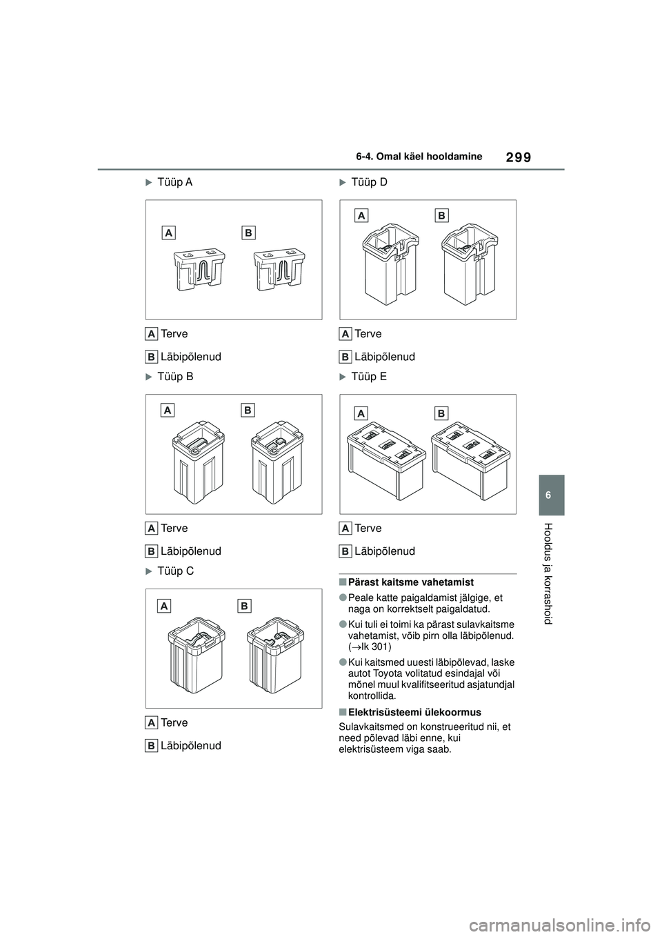 TOYOTA GR YARIS 2020  Kasutusjuhend (in Estonian) 299
6
YARIS(GR) Owners Manual_Europe_M52L09_EE
6-4. Omal käel hooldamine
Hooldus ja korrashoid
�XTüüp ATe r v e
Läbipõlenud
�XTüüp BTe r v e
Läbipõlenud
�XTüüp CTe r v e
Läbipõlenud
�XT