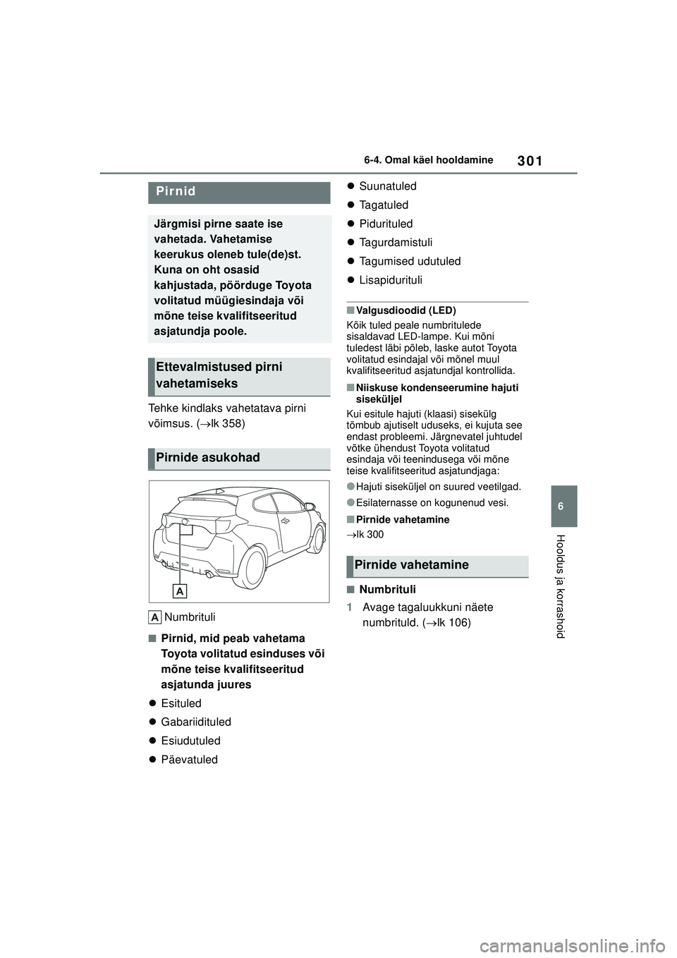 TOYOTA GR YARIS 2020  Kasutusjuhend (in Estonian) 301
6
YARIS(GR) Owners Manual_Europe_M52L09_EE
6-4. Omal käel hooldamine
Hooldus ja korrashoid
Tehke kindlaks vahetatava pirni 
võimsus. (lk 358)
Numbrituli
■Pirnid, mid peab vahetama 
Toyota 