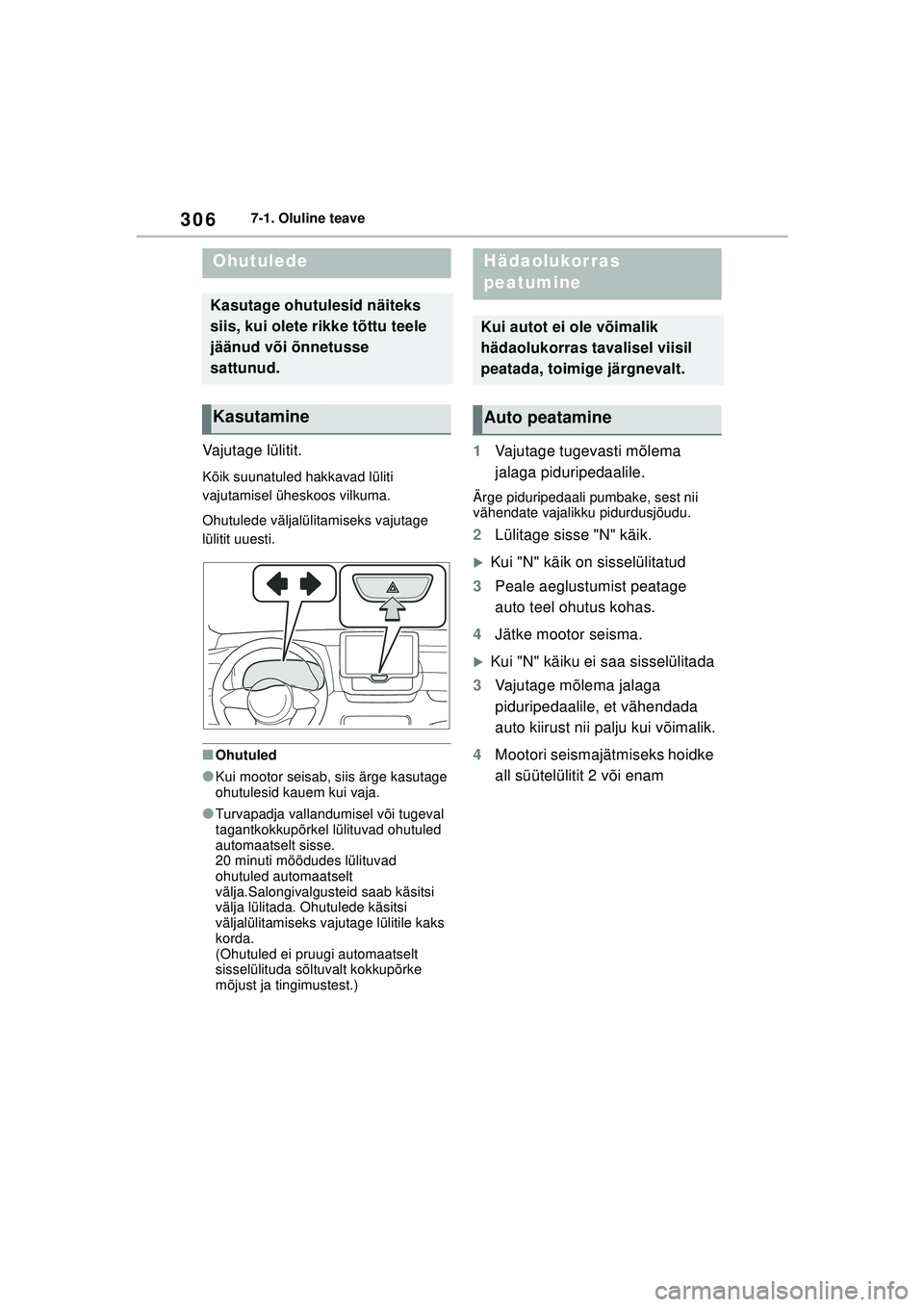TOYOTA GR YARIS 2020  Kasutusjuhend (in Estonian) 306
YARIS(GR) Owners Manual_Europe_M52L09_EE
7-1. Oluline teave
7-1.Oluline teave
Vajutage lülitit.
Kõik suunatuled hakkavad lüliti 
vajutamisel üheskoos vilkuma.
Ohutulede väljalülitamiseks va