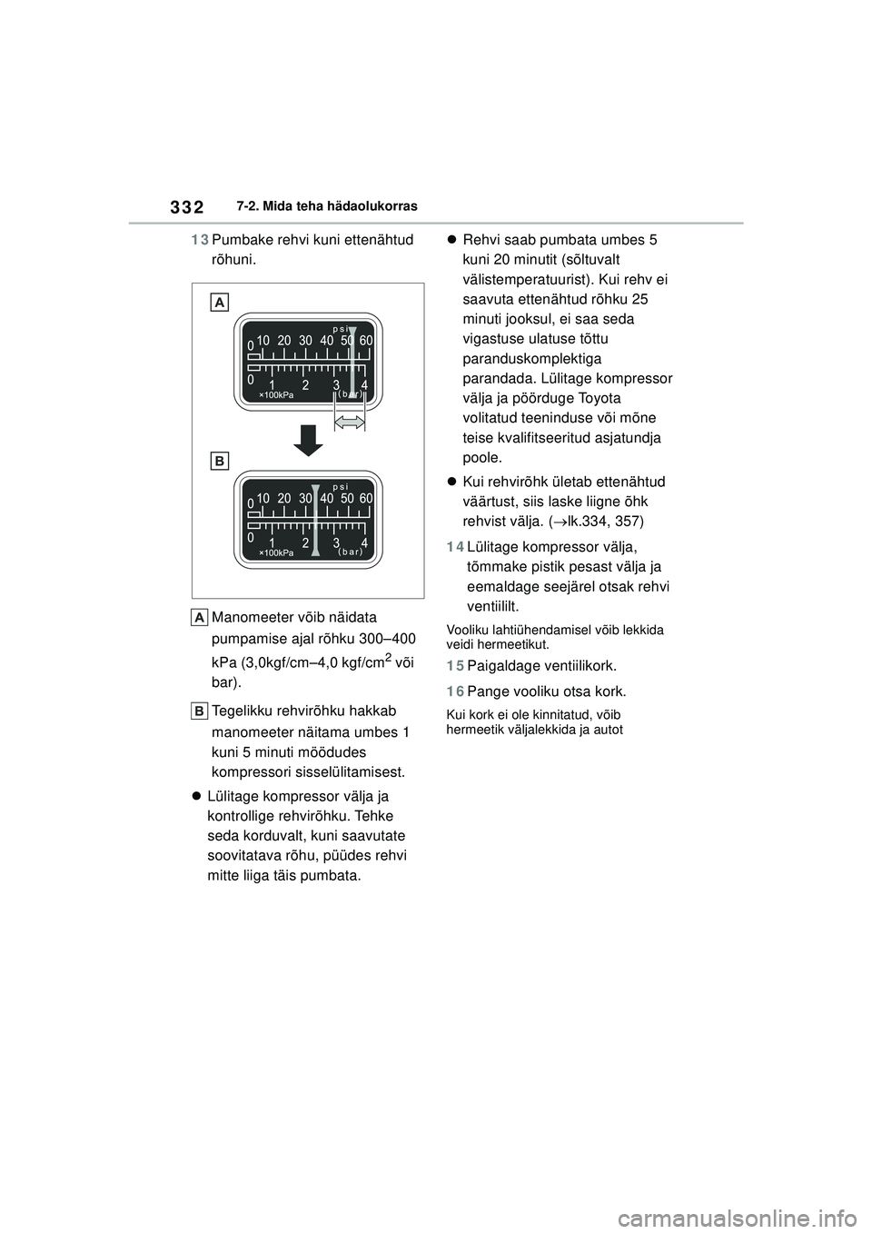 TOYOTA GR YARIS 2020  Kasutusjuhend (in Estonian) 332
YARIS(GR) Owners Manual_Europe_M52L09_EE
7-2. Mida teha hädaolukorras
13Pumbake rehvi kuni ettenähtud 
rõhuni.
Manomeeter võib näidata 
pumpamise ajal rõhku 300–400 
kPa (3,0kgf/cm–4,0 